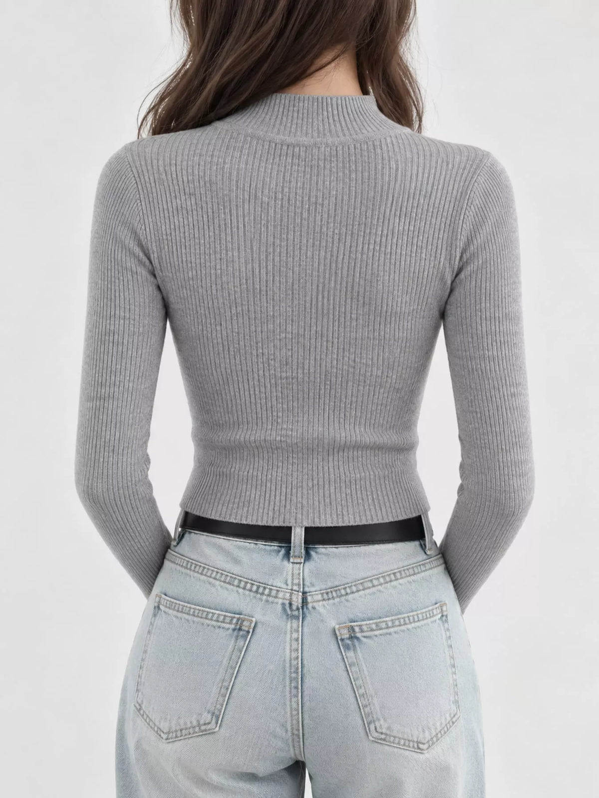 Gray ribbed mock neck long sleeve knit top, back view