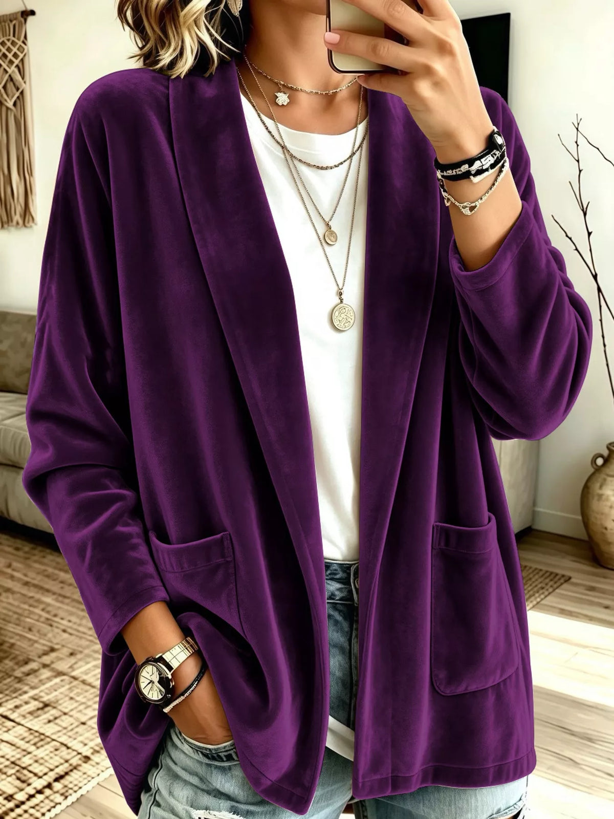 Women's Velvet Open-Front Cardigan in purple — front view