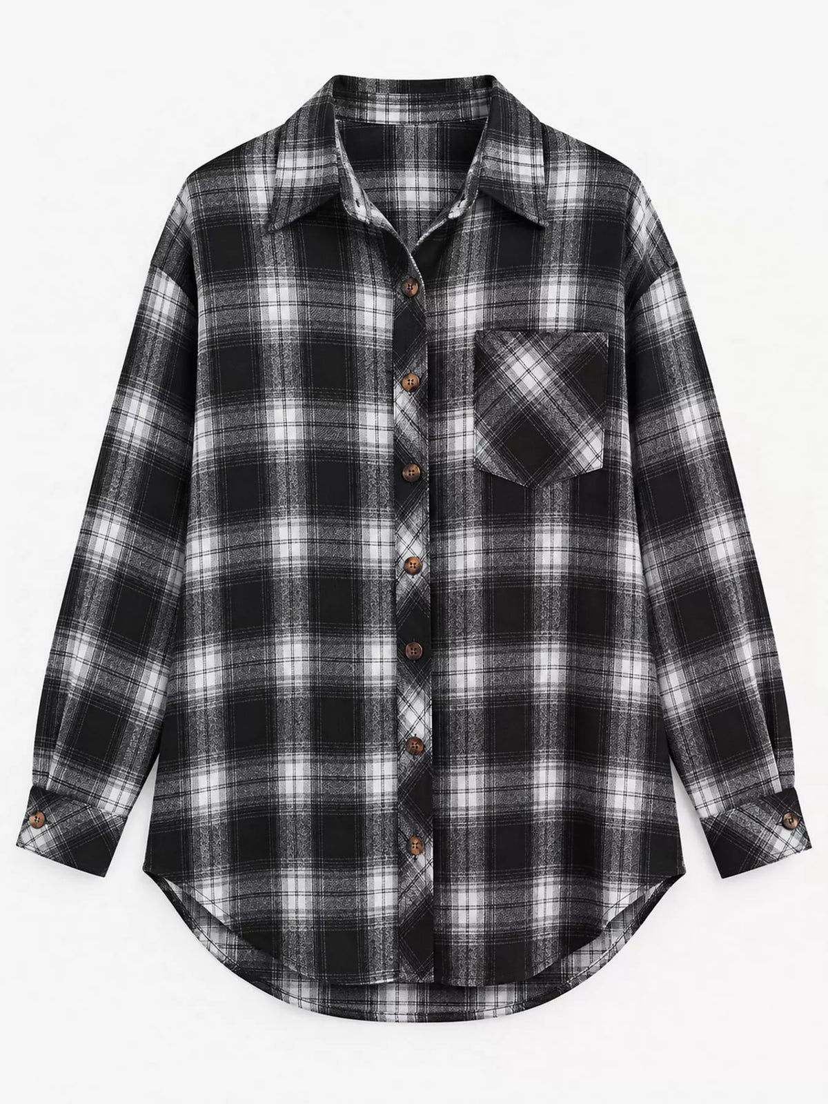 Oversized plaid shirt, black plaid flat front