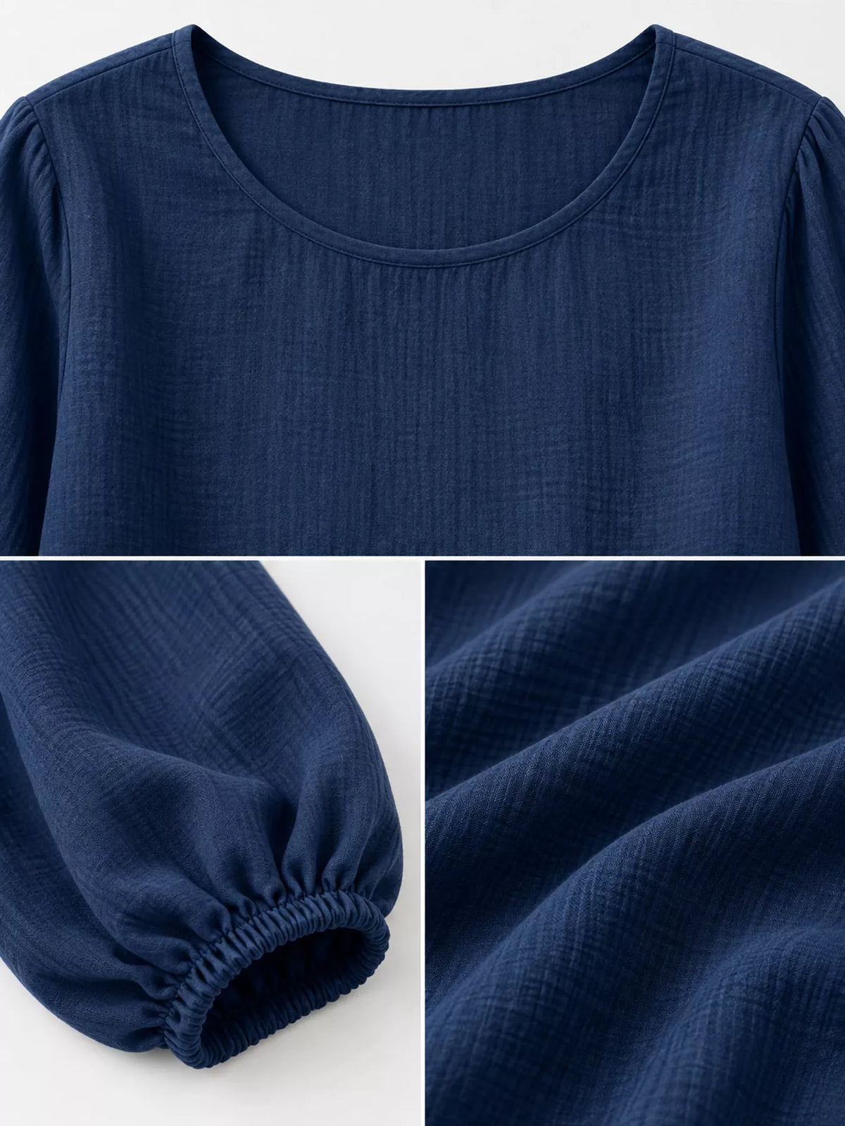Elastic-cuff blouse, navy detail collage