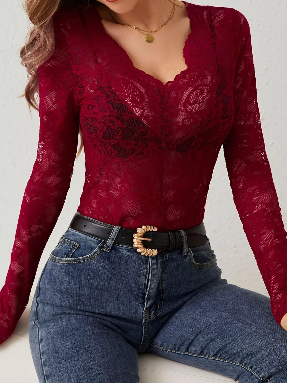 Burgundy sheer floral lace long sleeve top with scalloped V-neck
