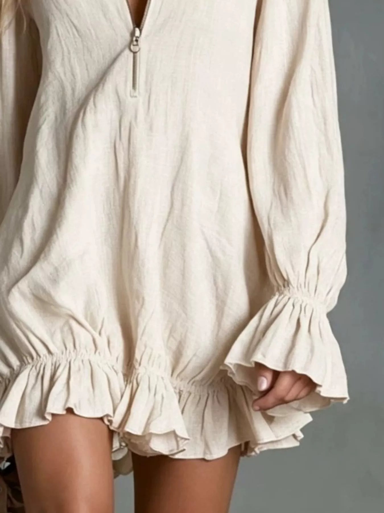Trendsi Zipper Front Ruffle Hem Flounce Sleeve Mini Dress -