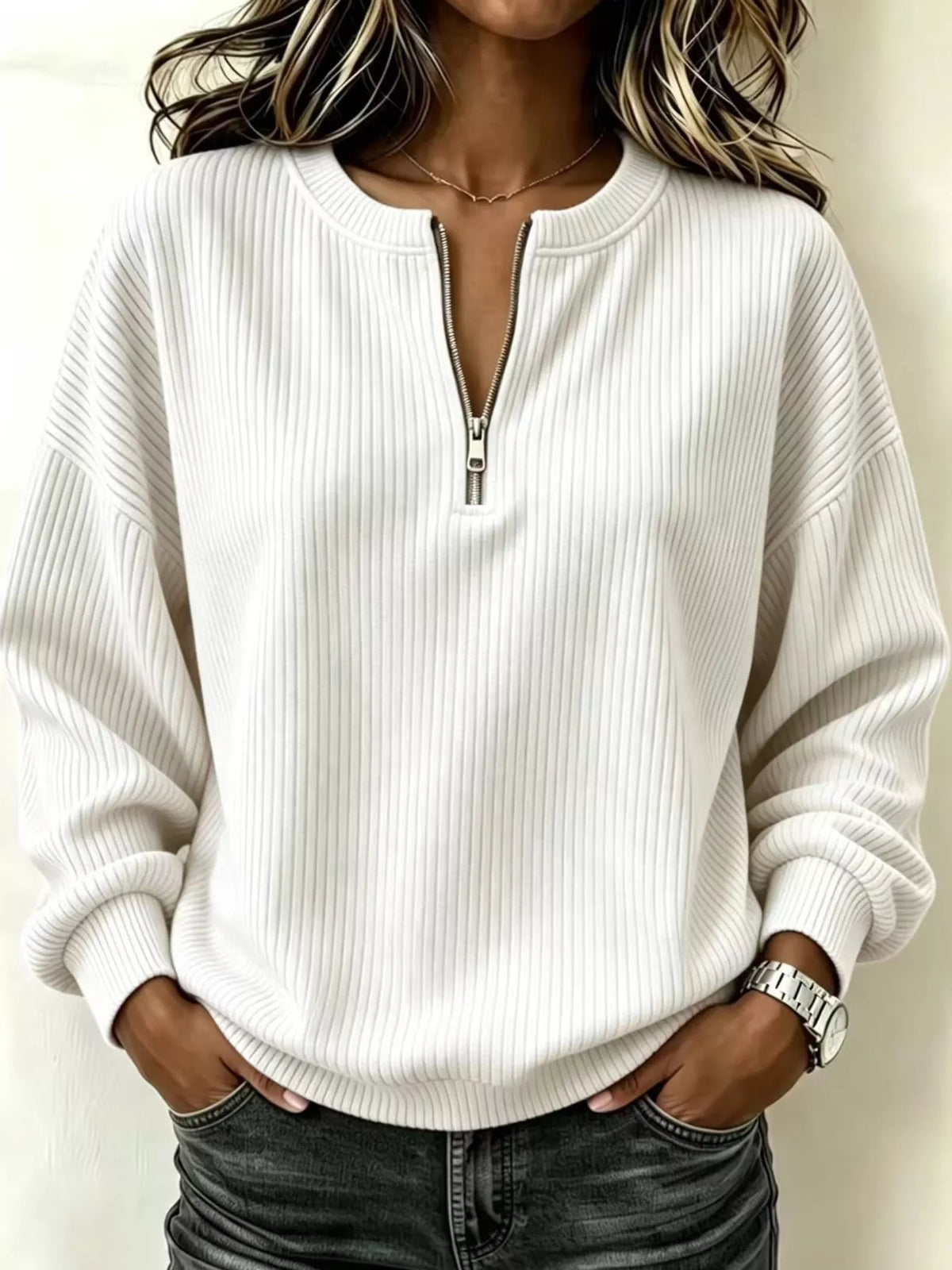 Women's Quarter-Zip Dropped Shoulder Sweatshirt in white — front view