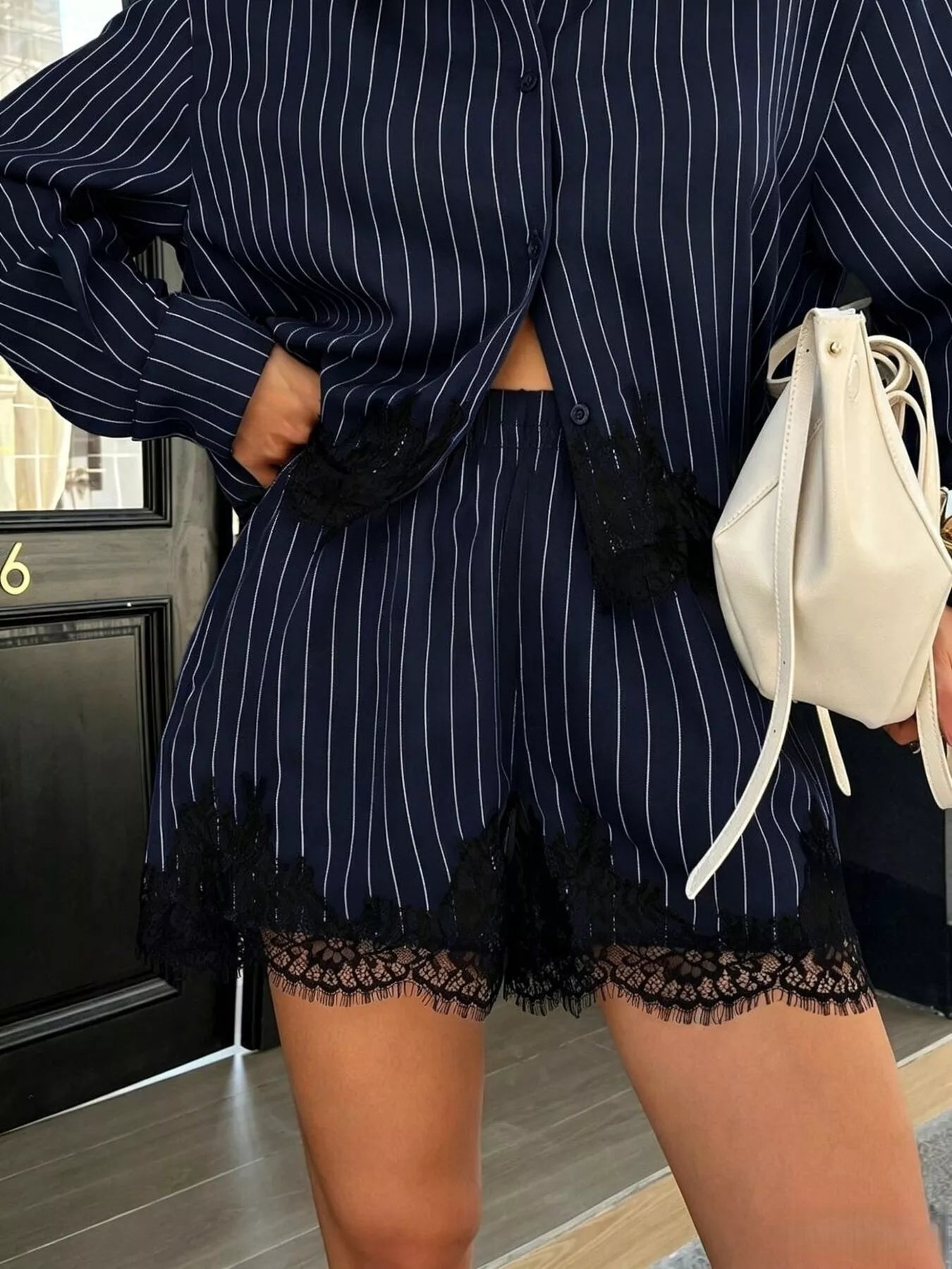 Trendsi Lace Trim Striped Button-Down Shirt and Shorts Set -