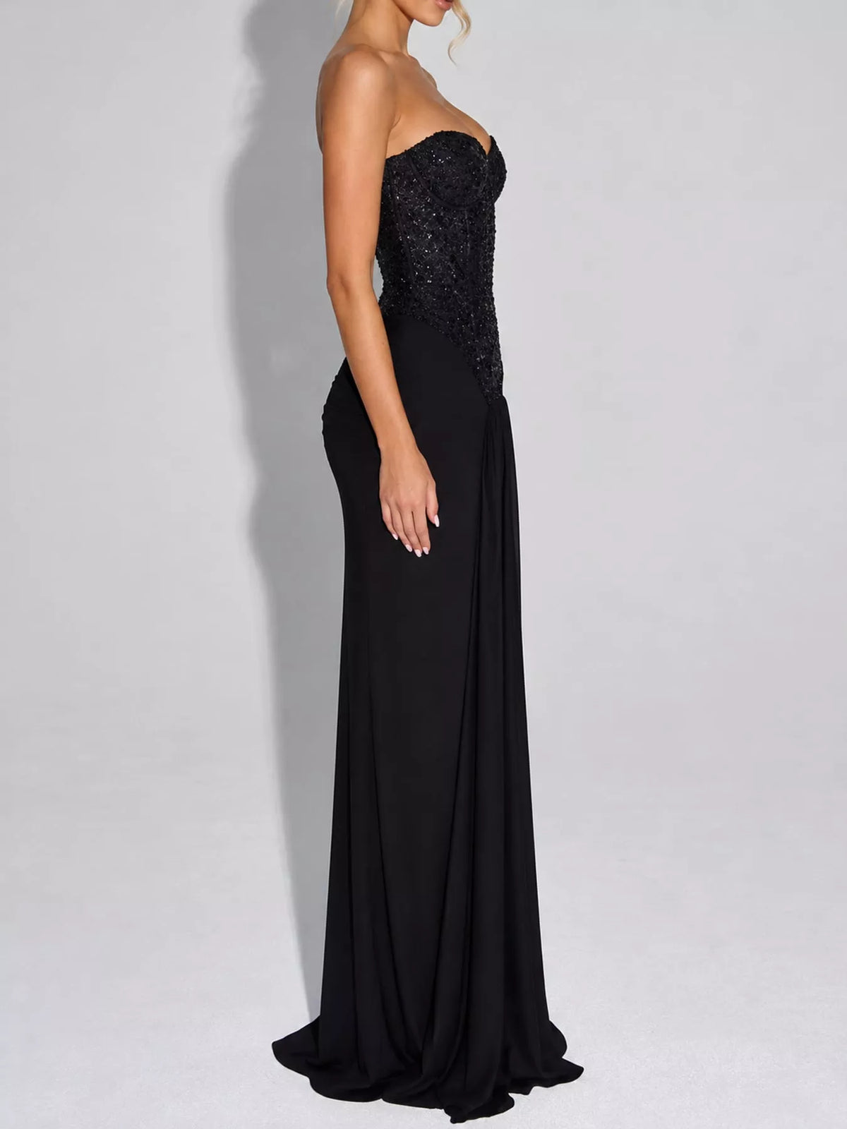 Strapless Sequin Corset Maxi Dress, side view