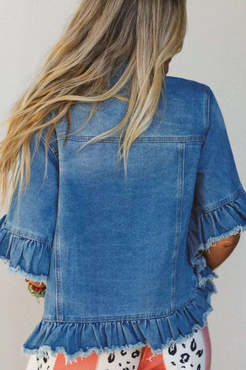Trendsi Ruffle Hem Raw Edge Half Sleeve Western Denim Jacket -