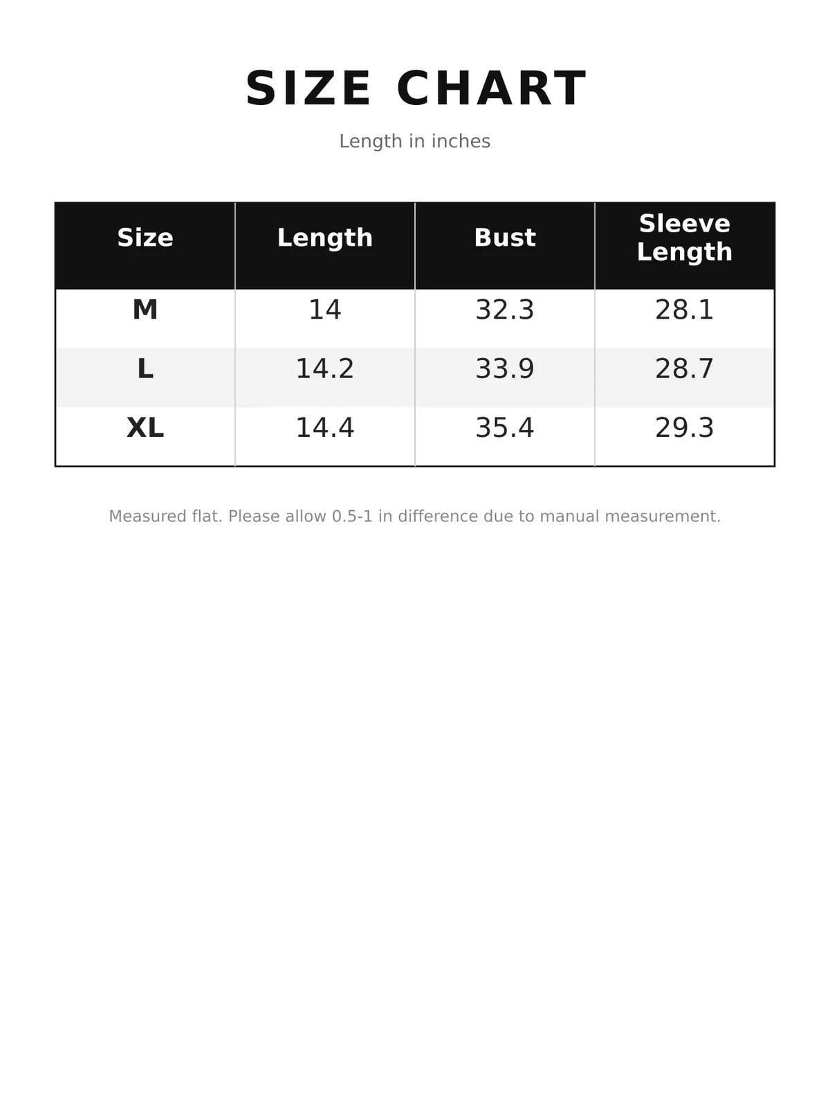 Round neck long sleeve cardigan, size and measurement chart