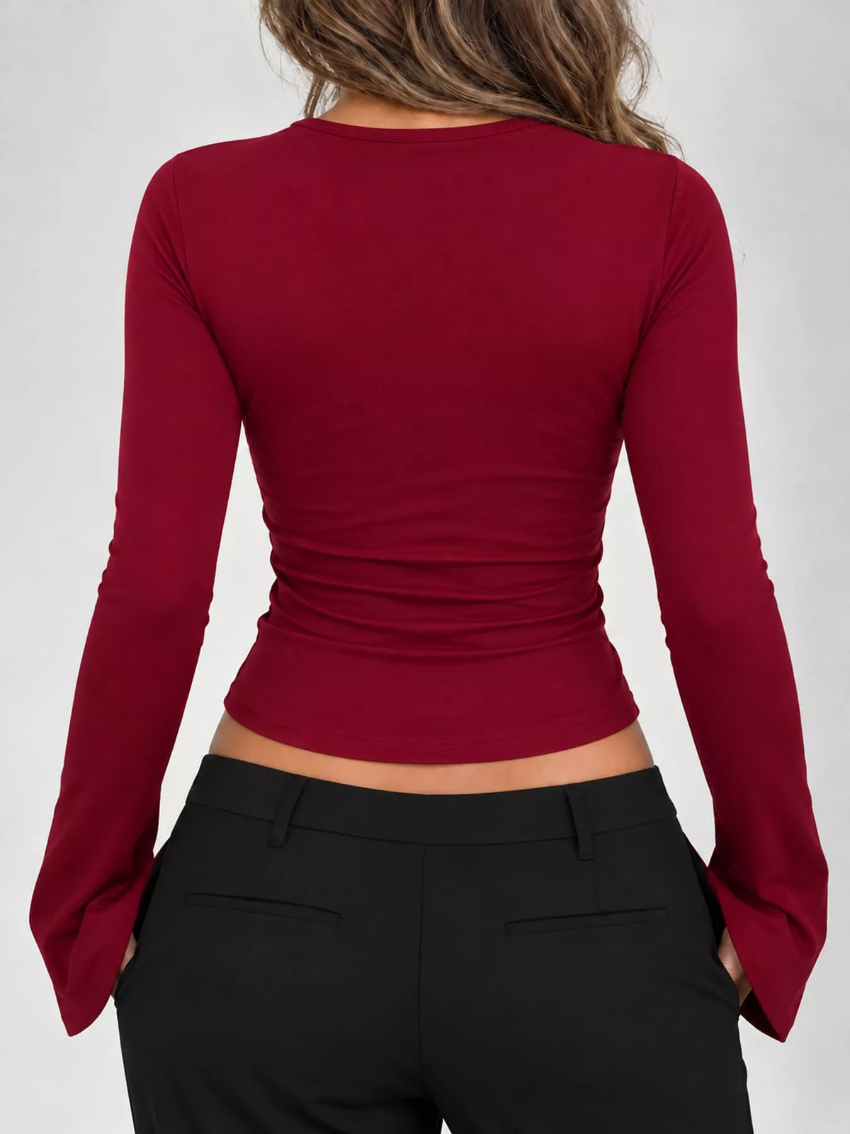 Burgundy lace trim v-neck long sleeve slim fit t-shirt, back view