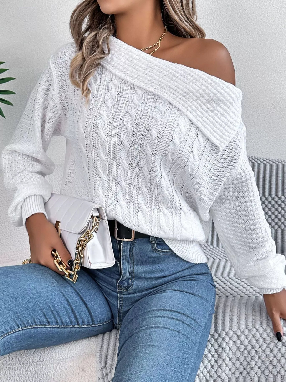 One Shoulder Cable Knit Sweater in white, front view