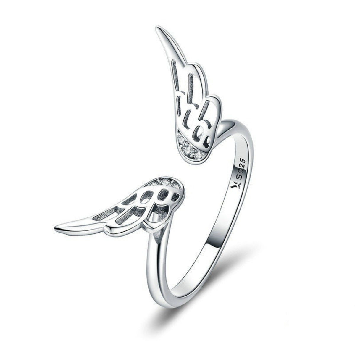 Trendsi 925 Sterling Silver Zircon Angel Wing Open Ring -