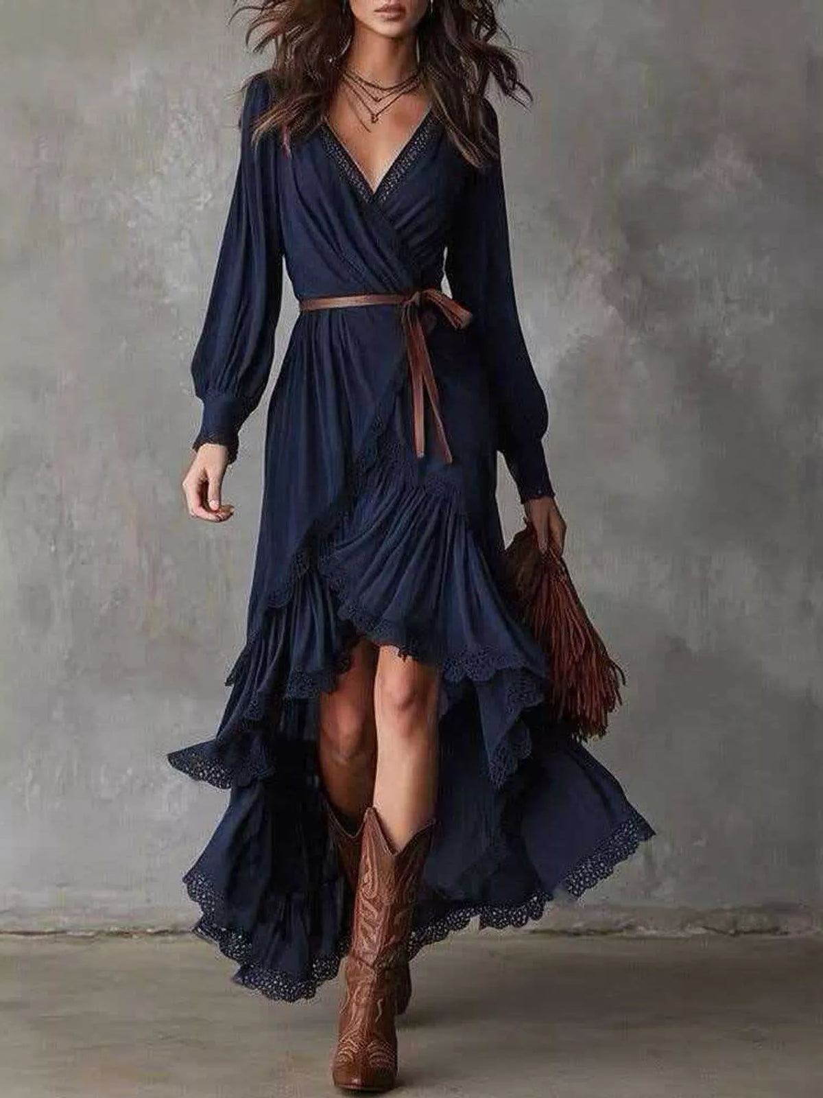 High-Low Hem Surplice Dress in navy