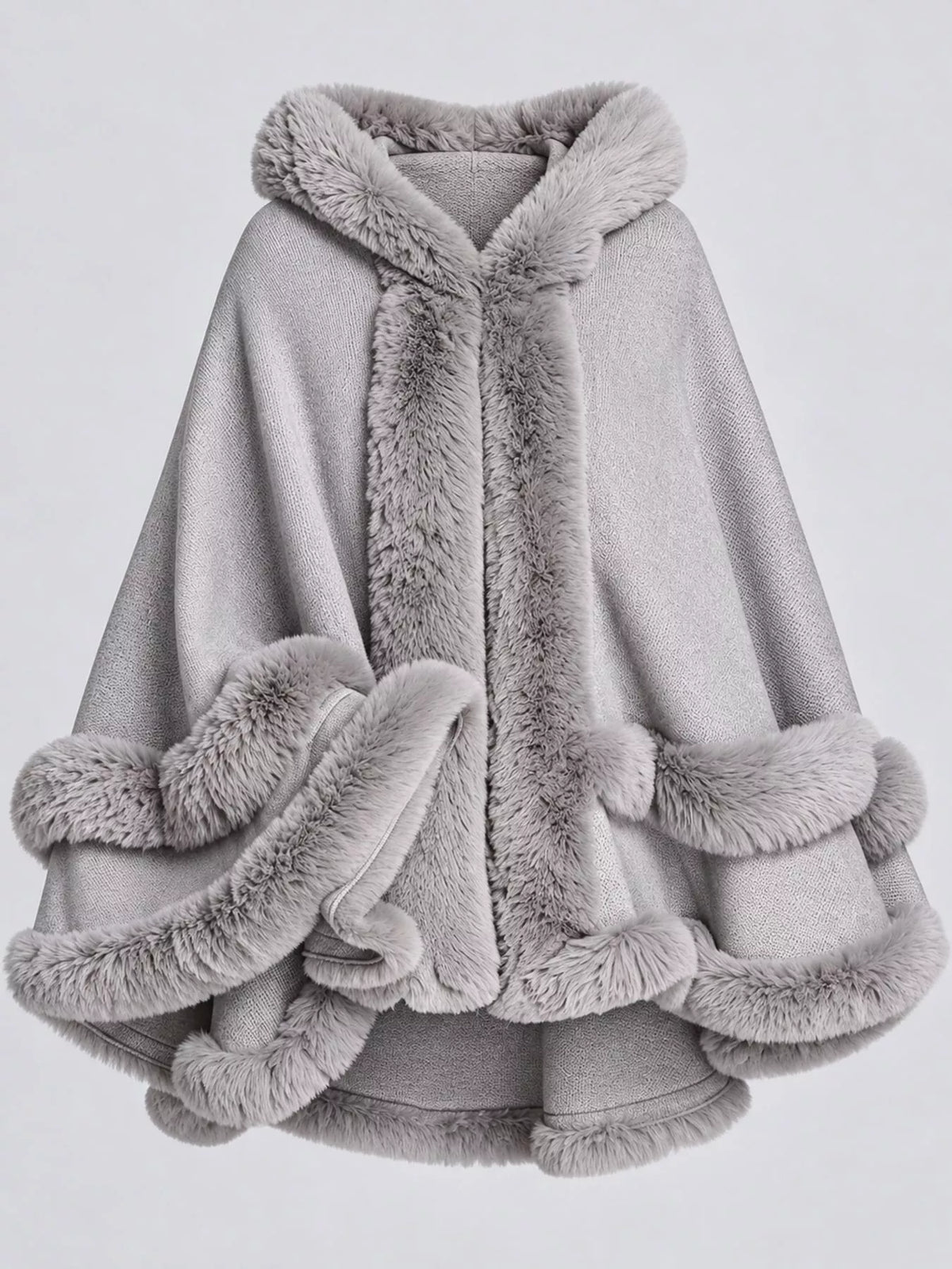 Faux-fur-trim cape, light gray flat lay