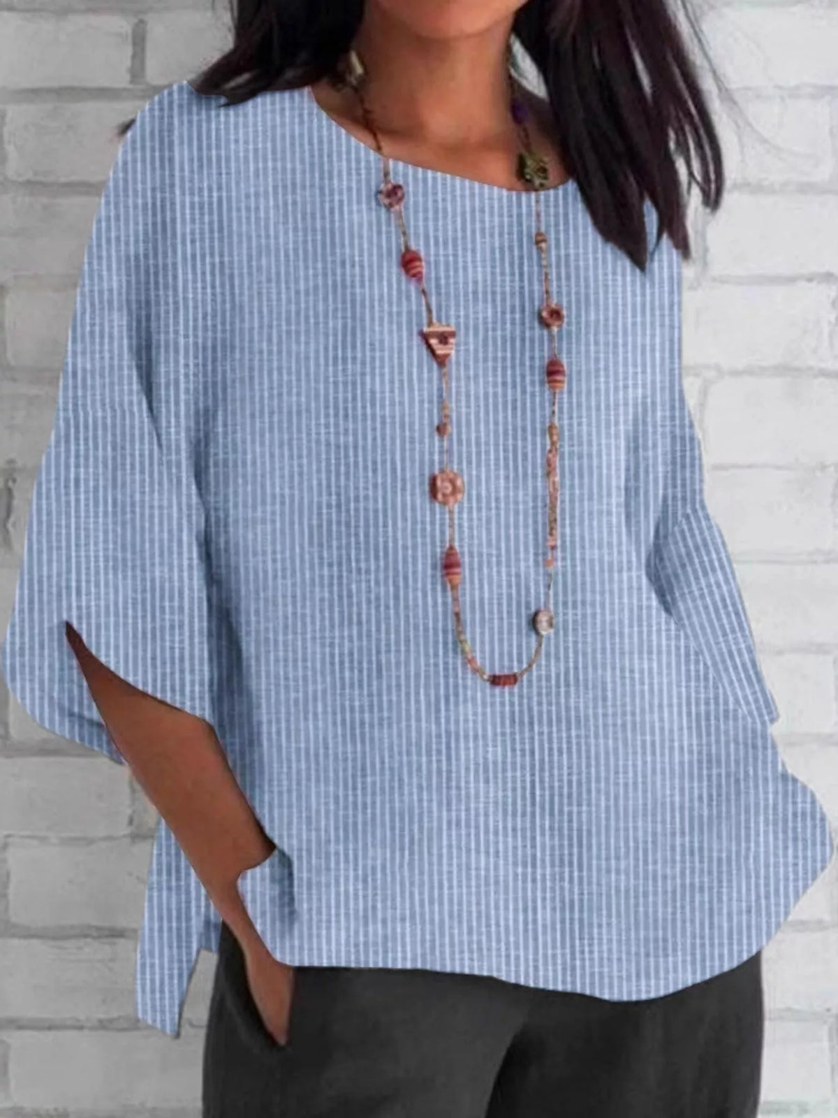 Sky Blue Striped Loose-Fit Blouse, front view