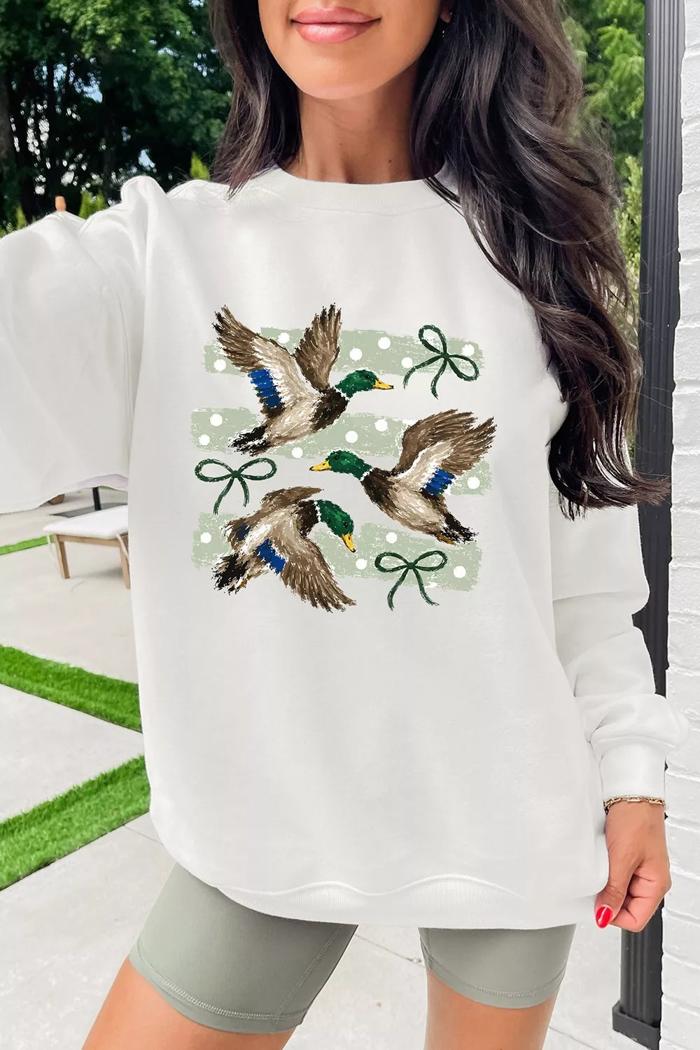 Mallard Bow Graphic Crew Neck Sweatshirt — front view