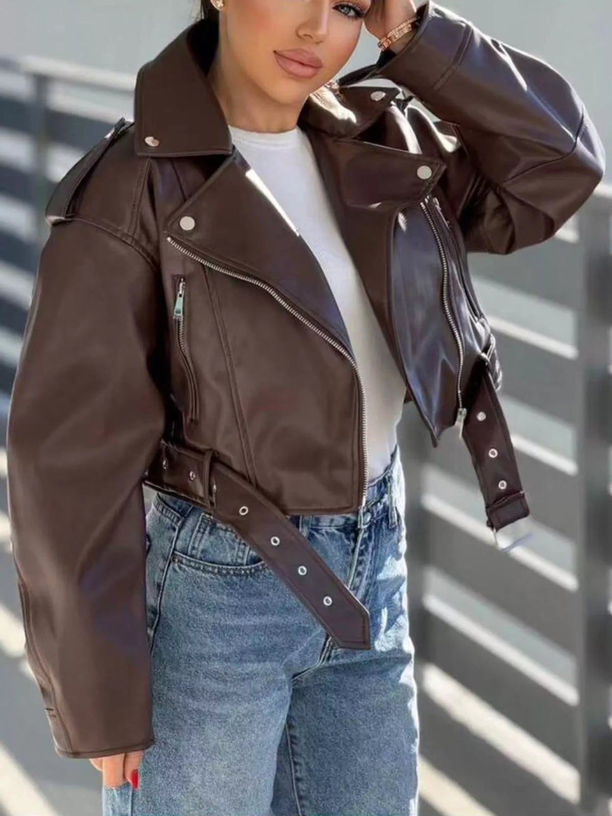 Faux Leather Zip Up Jacket in brown, front view