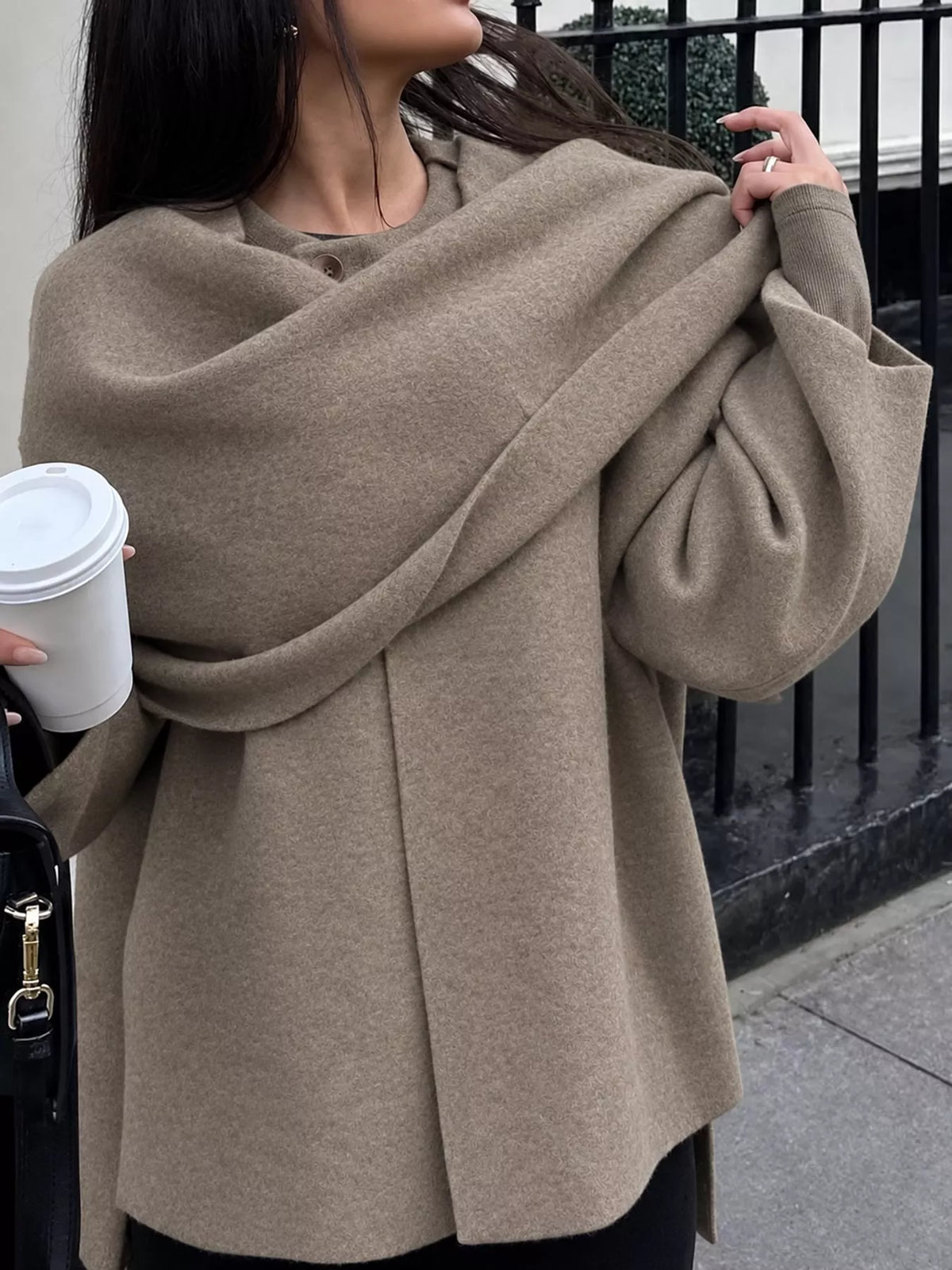 Oversized Drape-Front Knit Cardigan — front view