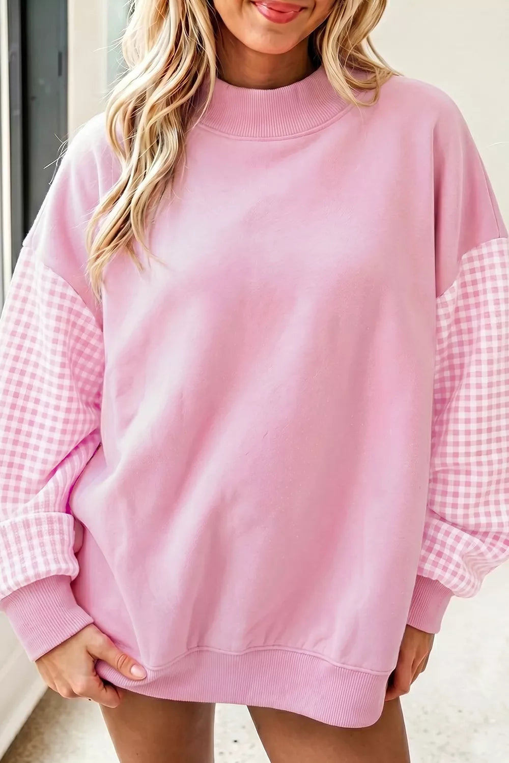 Trendsi Plaid Sleeve Colorblock Loose Tunic Sweatshirt -