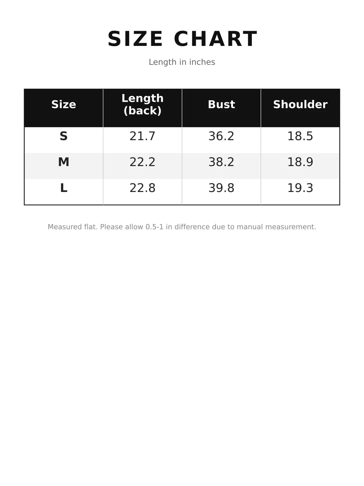 Size chart for women's zip up cropped jacket