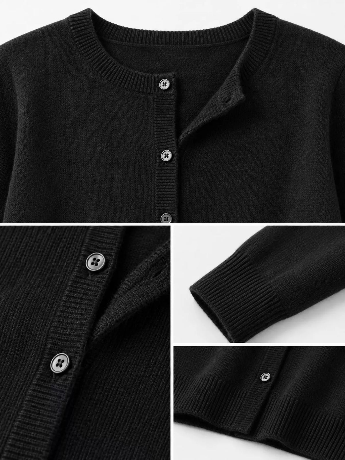Women's Crew Neck Button-Down Knit Cardigan in black — detail collage view
