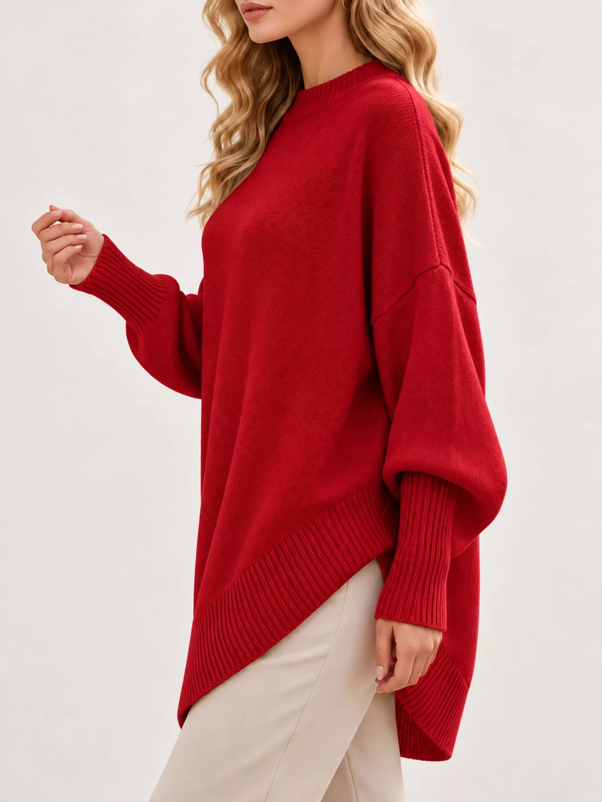 Ribbed Knit Dropped Shoulder Sweater in red
