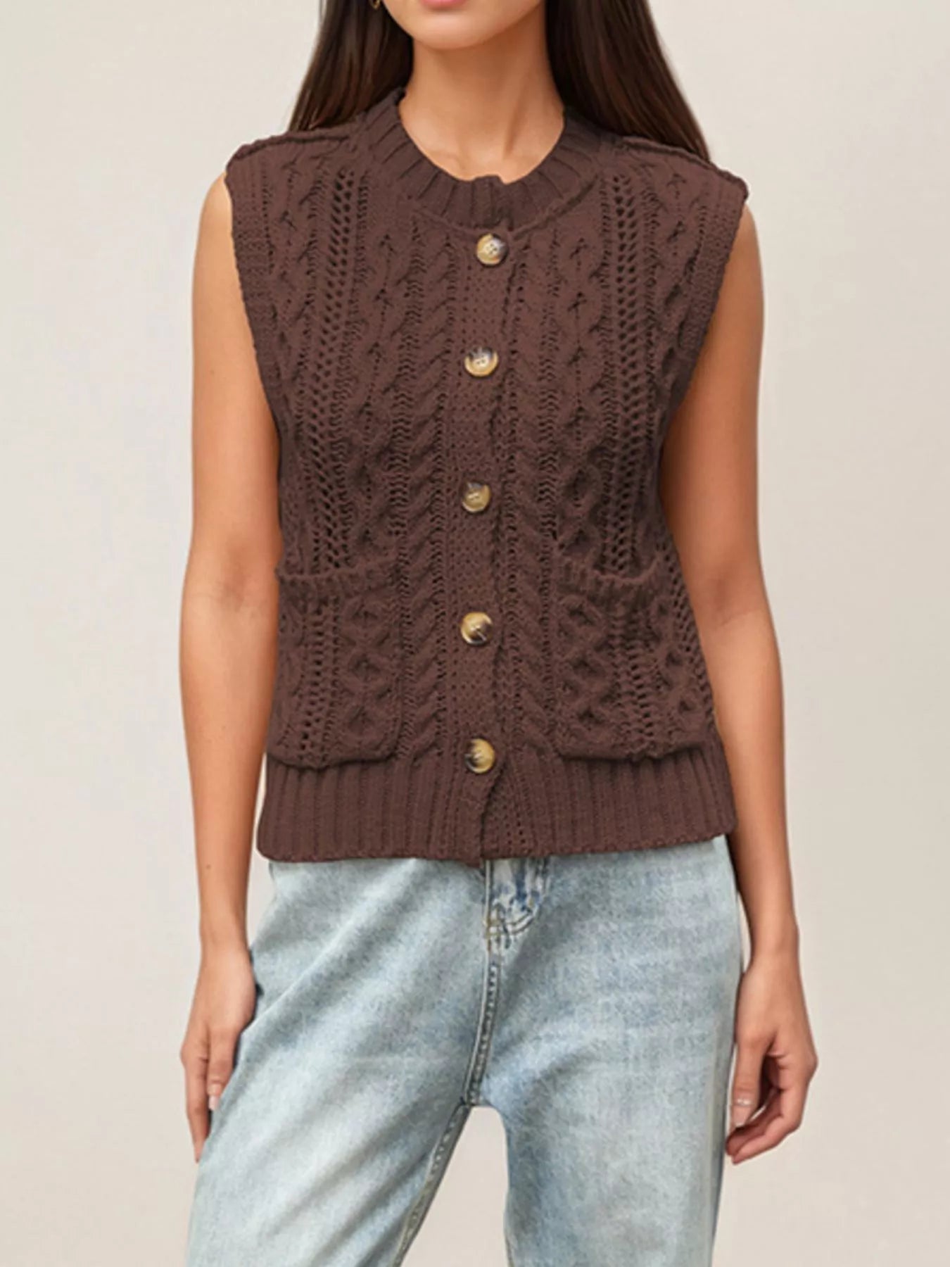 Trendsi Cable-Knit Button-Down Sweater Vest -