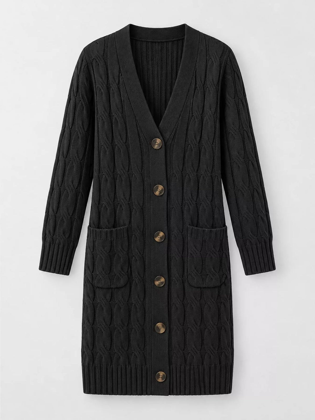 Cable Knit Button-Down Cardigan with Pockets — garment front