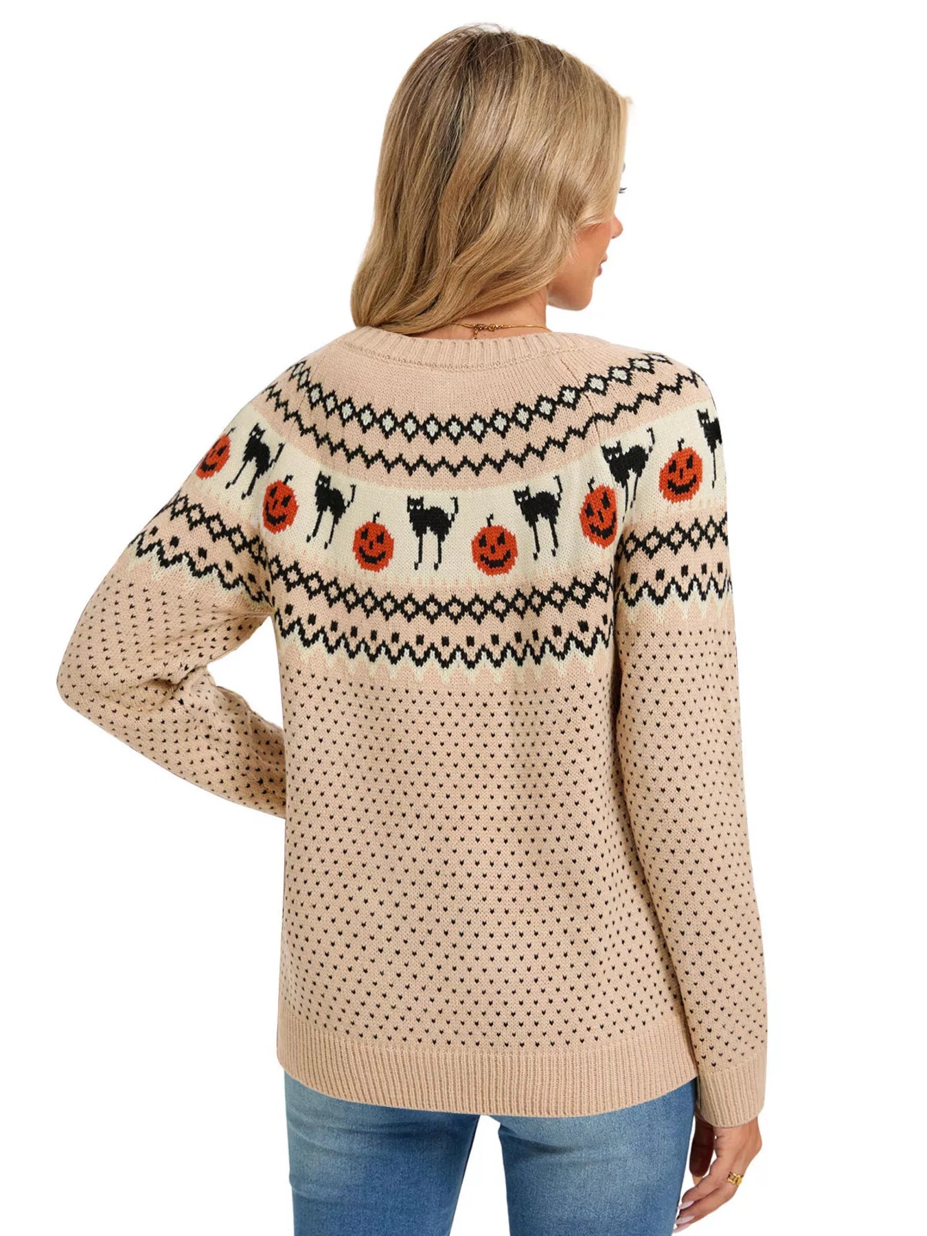 Trendsi Halloween Pumpkin and Cat Pattern Knit Round Neck Sweater -
