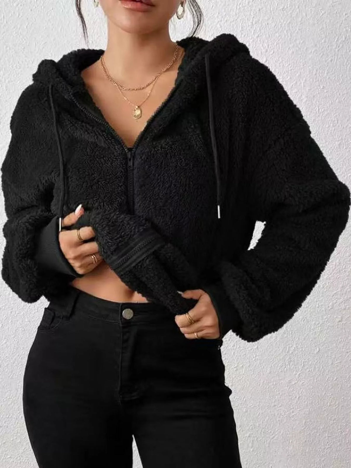 Fleece Zip-Up Hooded Jacket in black, front view