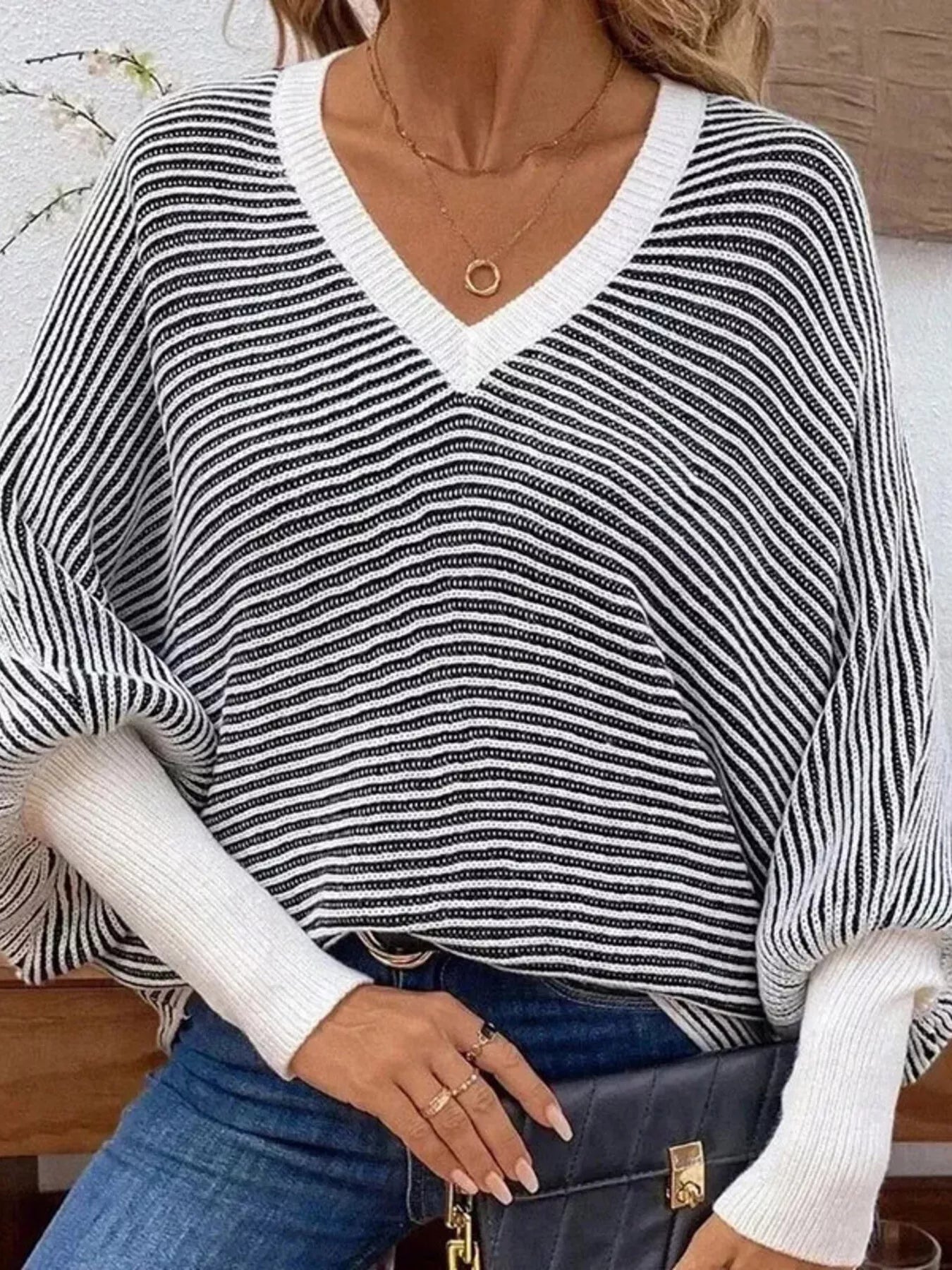 Trendsi V-Neck Striped Batwing Sleeve Sweater -