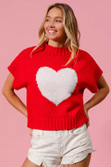 Trendsi BiBi Rib Banded Heart Pattern Valentines Sweater -