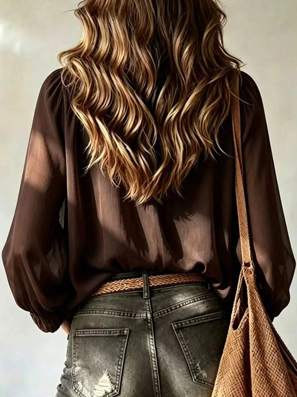 Brown ruffled v-neck blouse with tie-front detail, back view