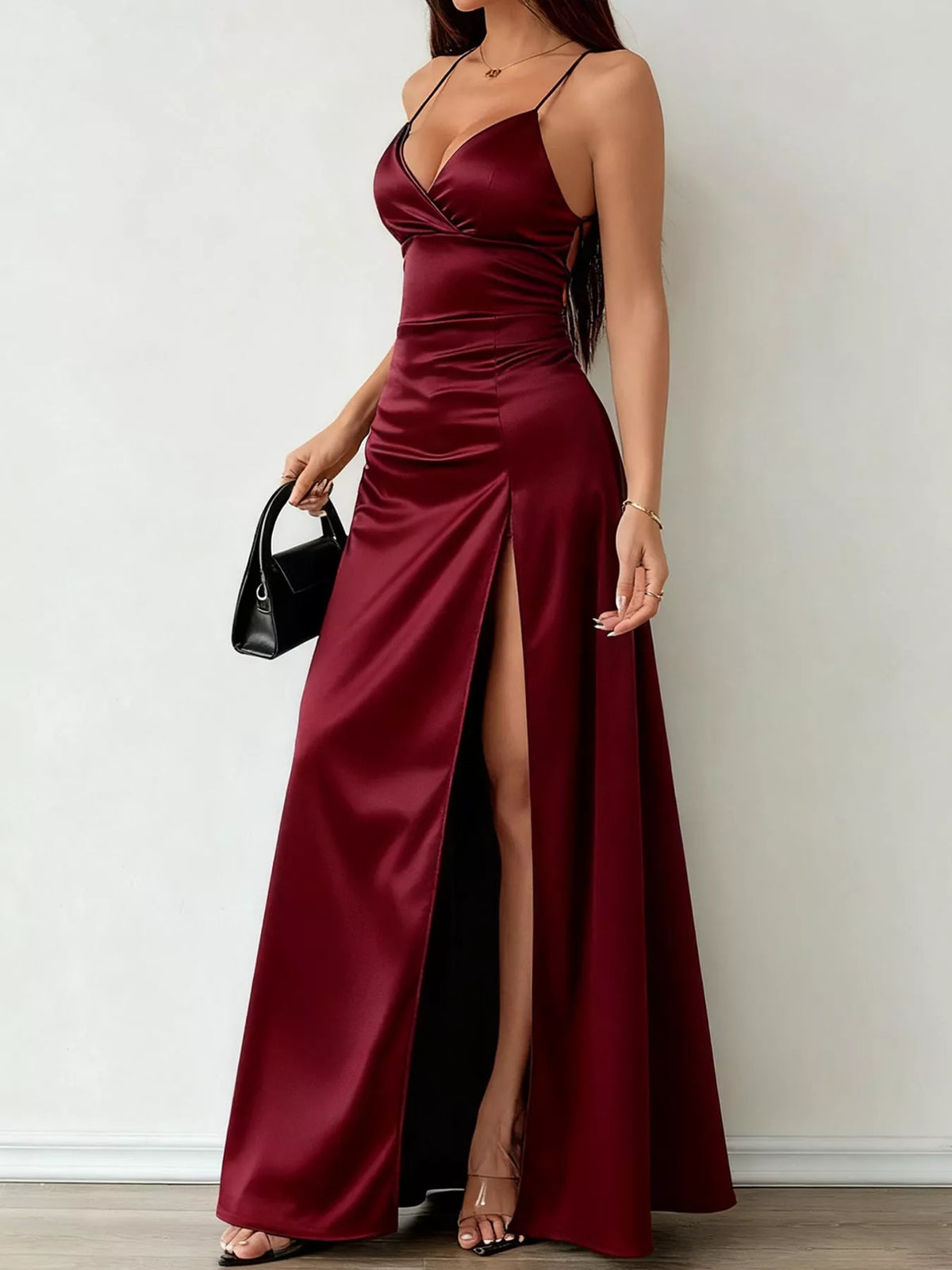 Lace-Up Back Slit Maxi Dress — side view