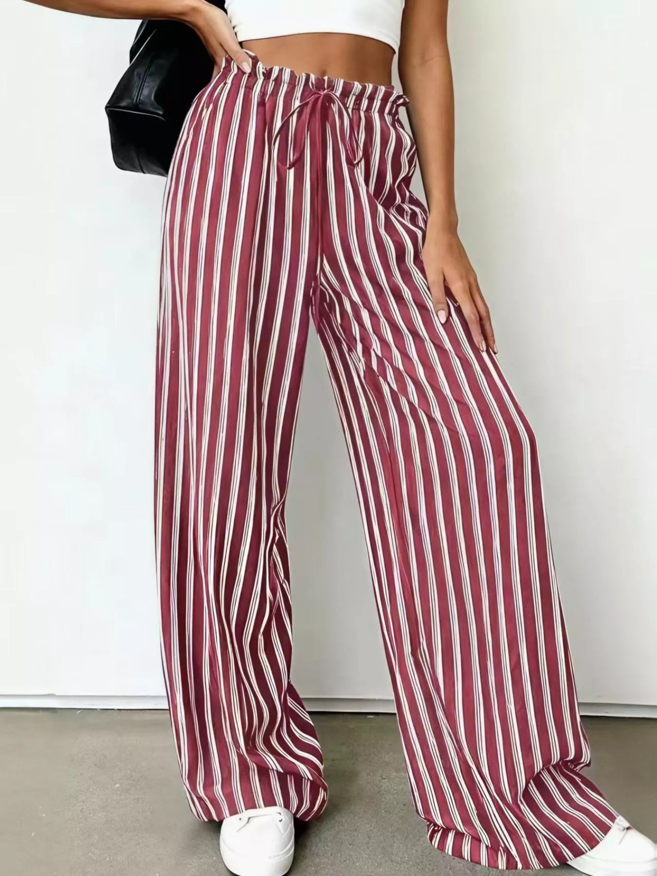 Striped wide-leg drawstring pants