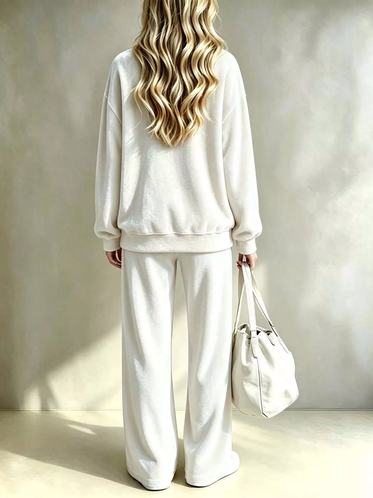 Women's Dropped Shoulder Velvet Top and Wide Leg Pants Set in cream — back view