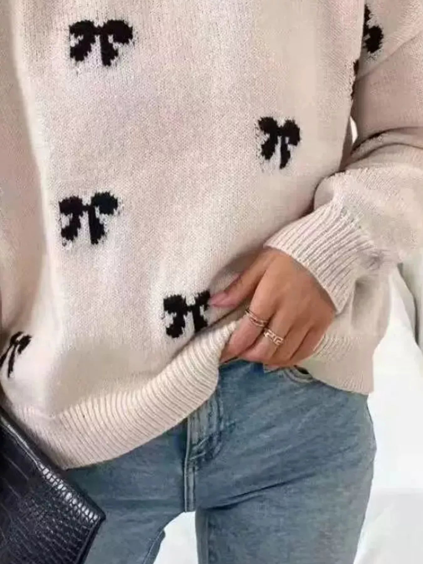 Trendsi Bow Round Neck Dropped Shoulder Sweater -
