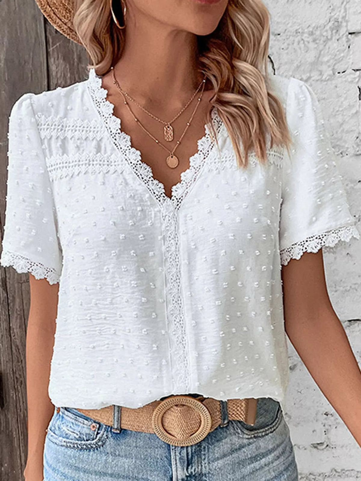 White swiss dot v-neck blouse with lace trim