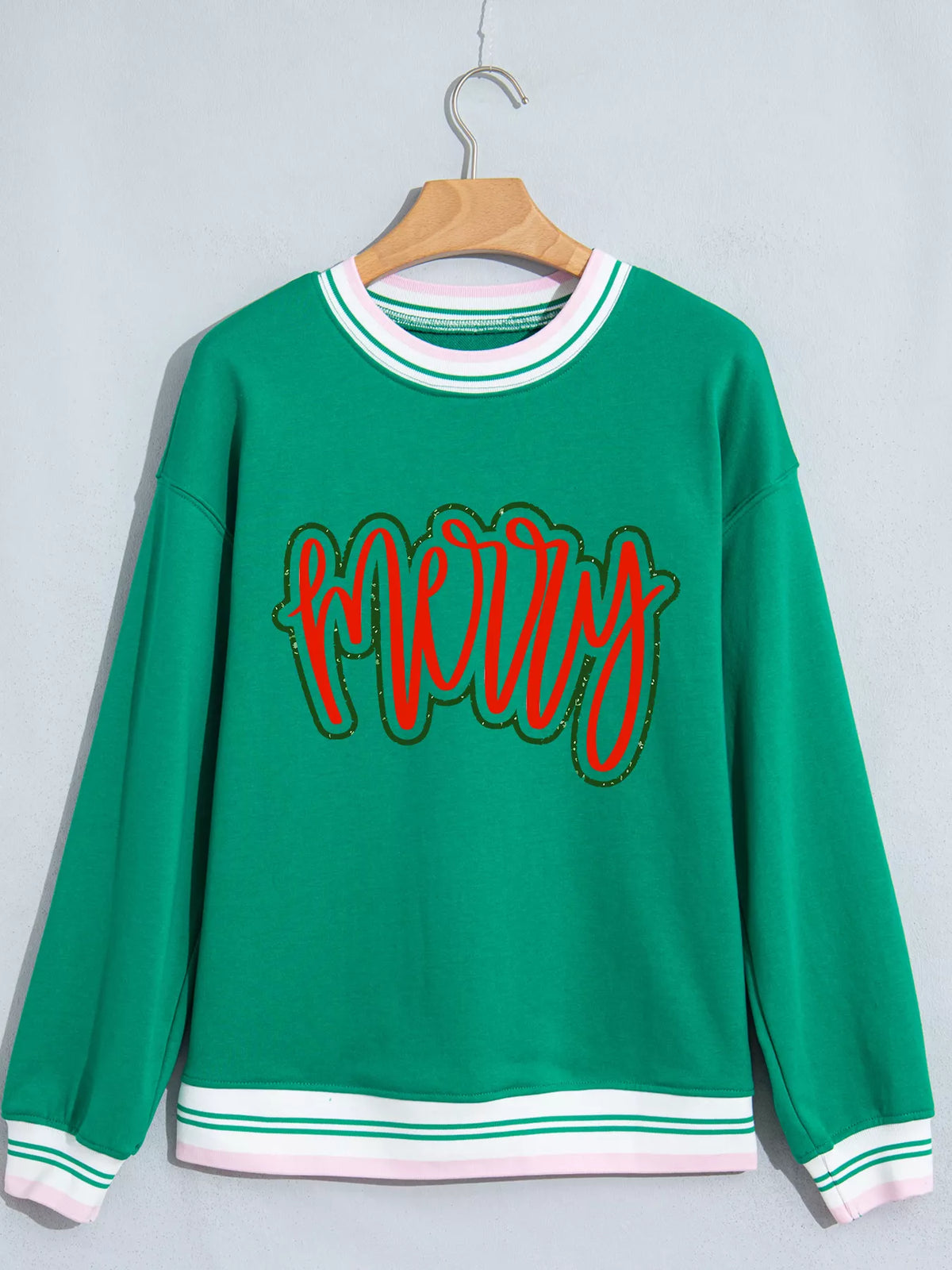 Merry Graphic Striped Trim Crew Neck Sweatshirt in green, front view