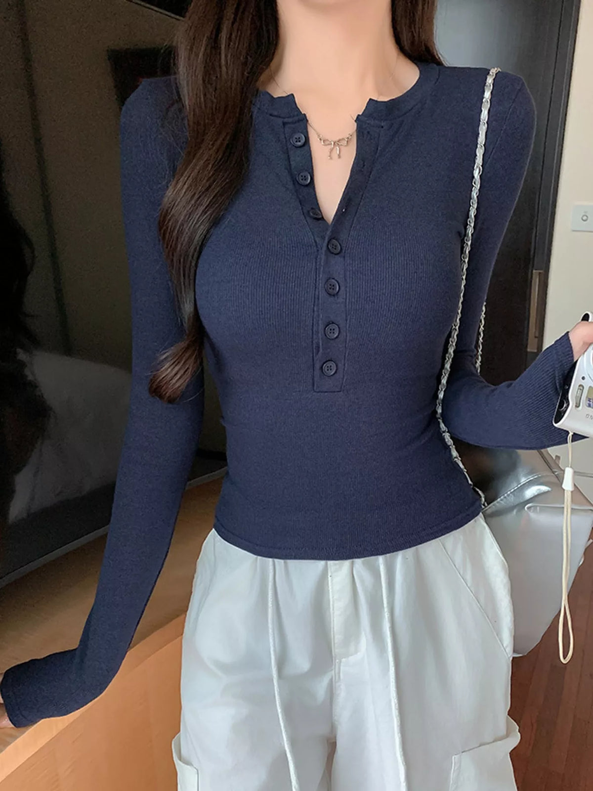 Button Detail Long Sleeve T-Shirt in navy blue