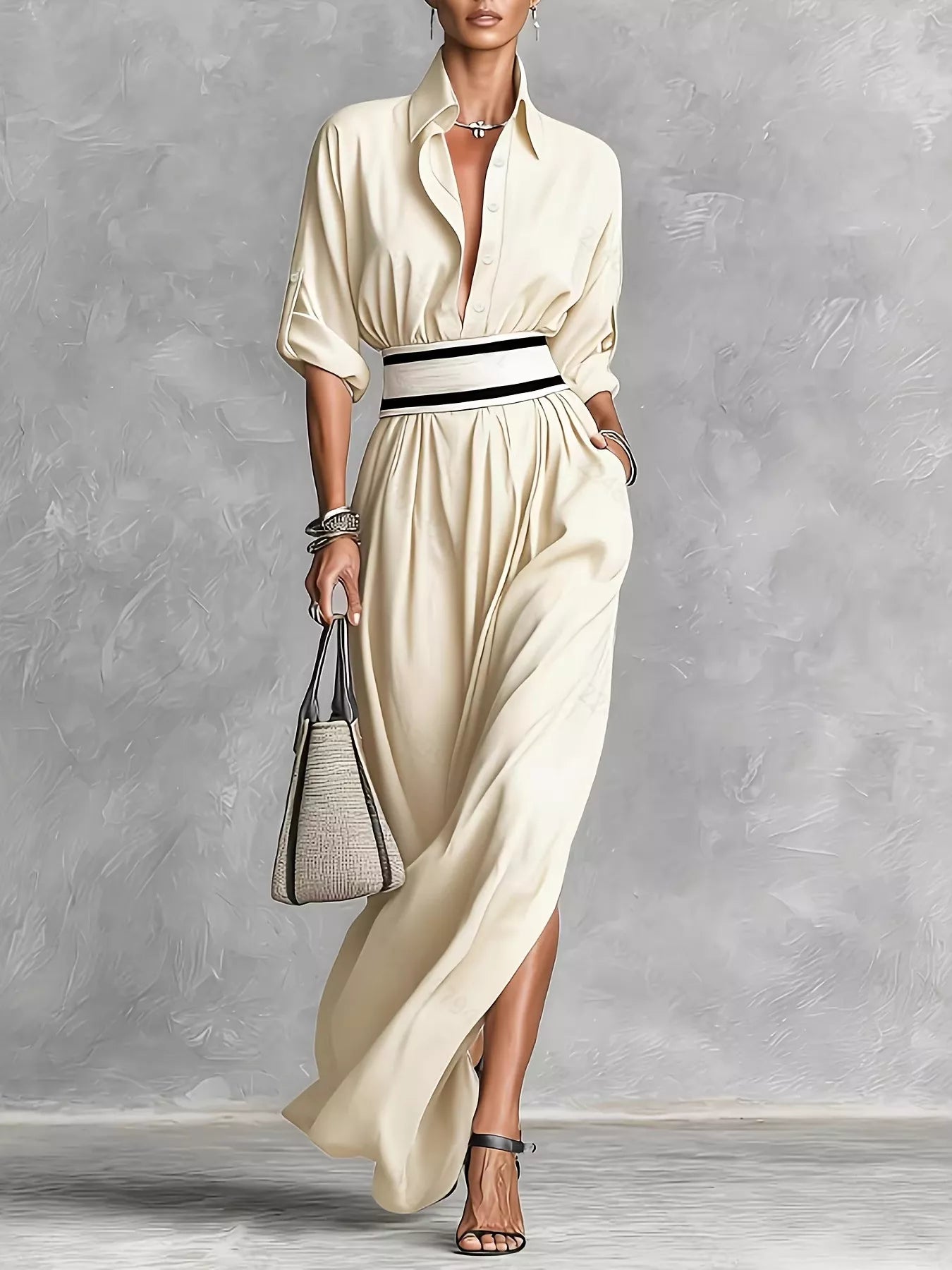 Trendsi Slit Roll-Up Sleeve Maxi Dress -