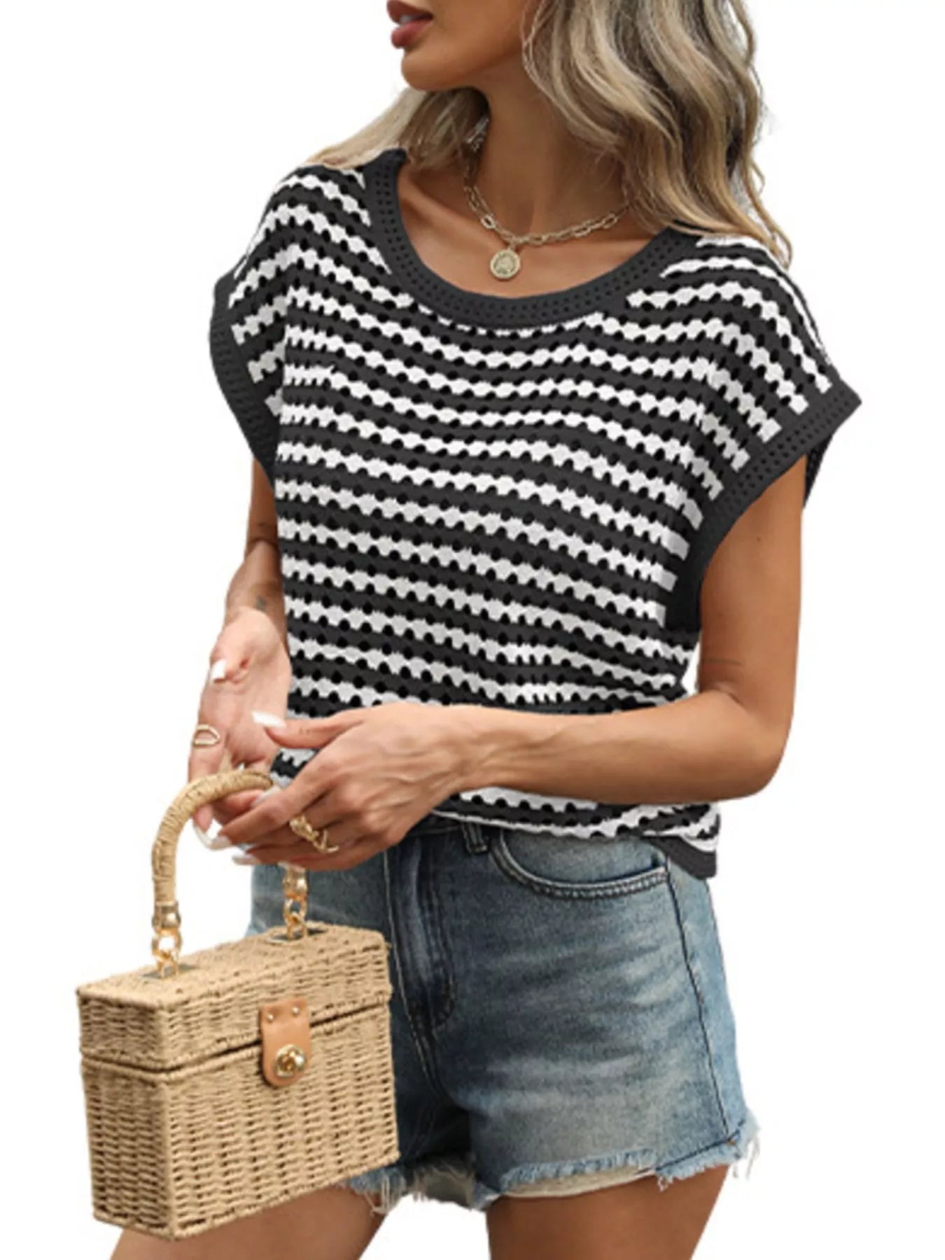 Trendsi Striped Hollow Out Knit Top -