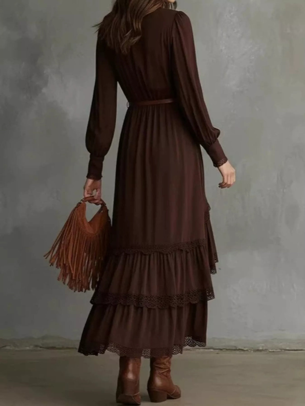 High-Low Hem Surplice Dress, back view in brown