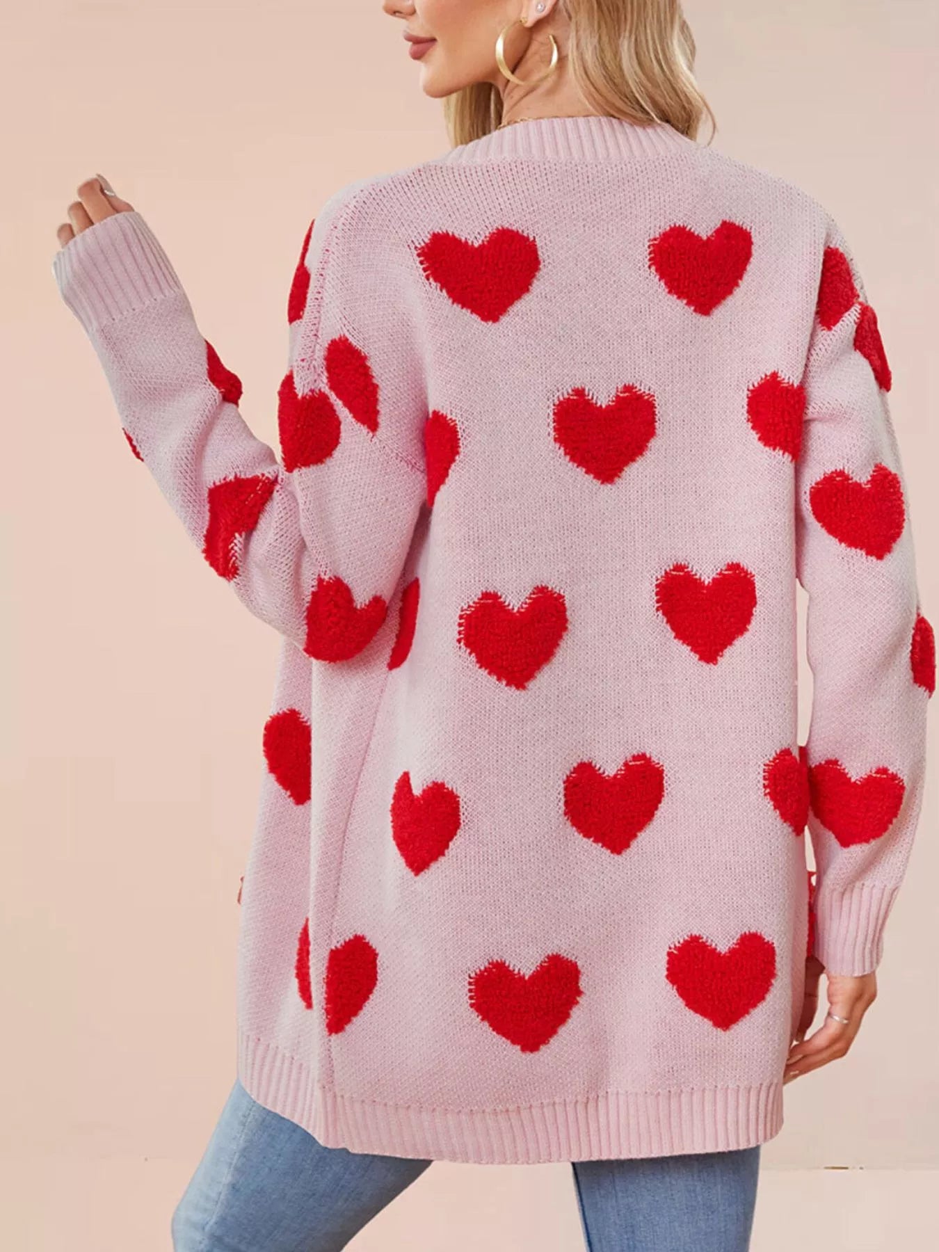 Trendsi Heart Pattern V-Neck Button-Down Knit Cardigan -