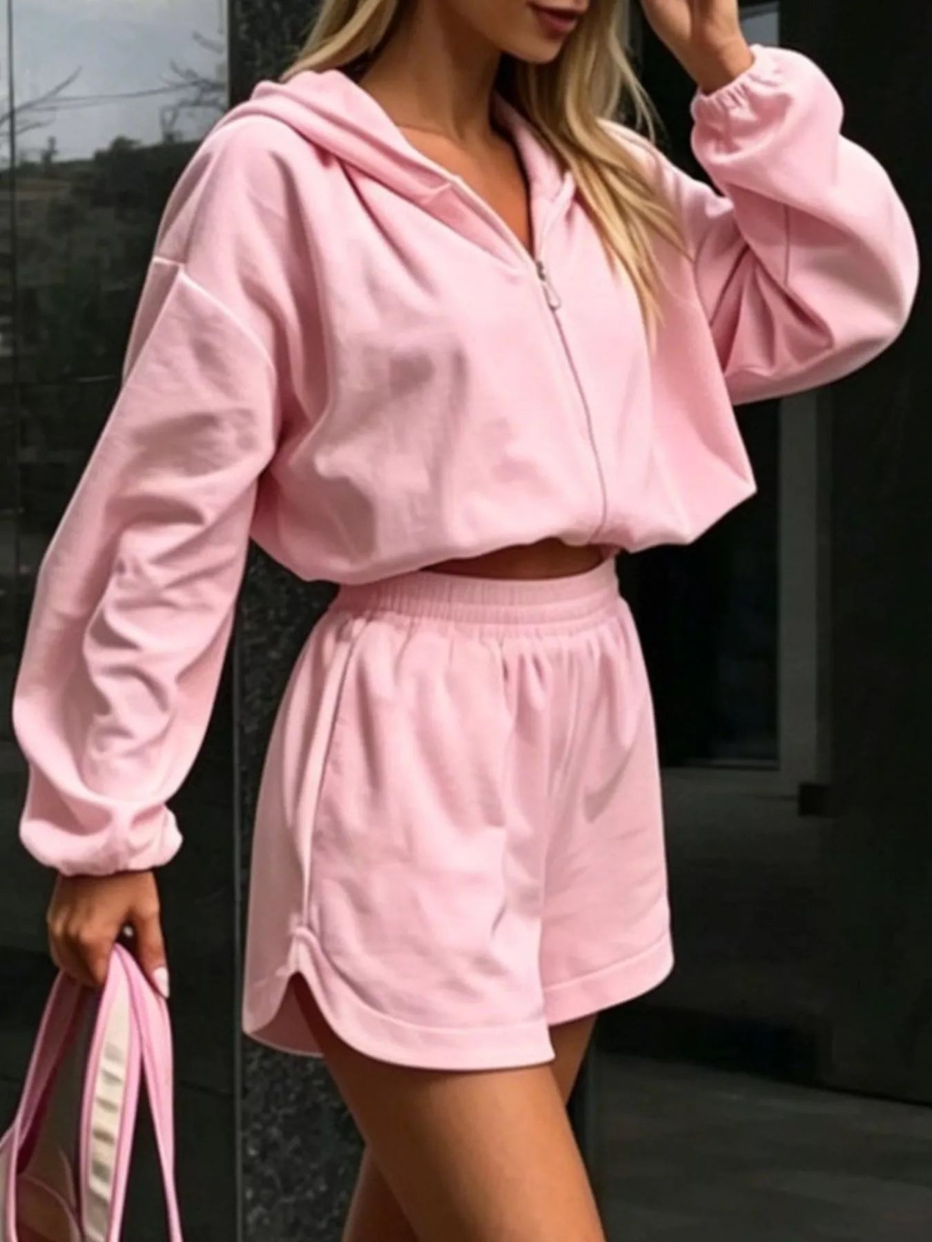 Trendsi Zip Up Crop Hoodie and Shorts Set -