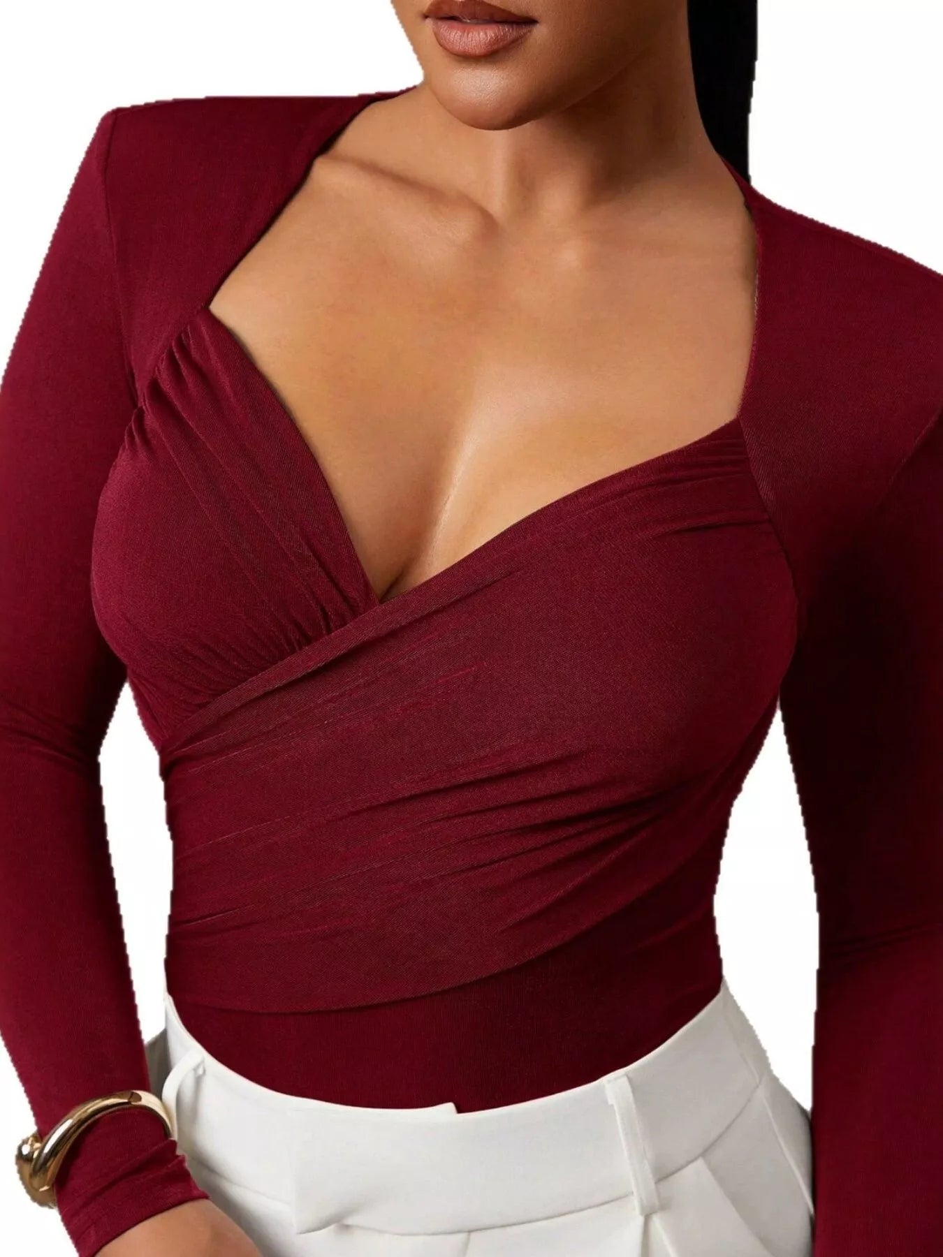 Trendsi Ruched Surplice Long Sleeve Bodysuit -