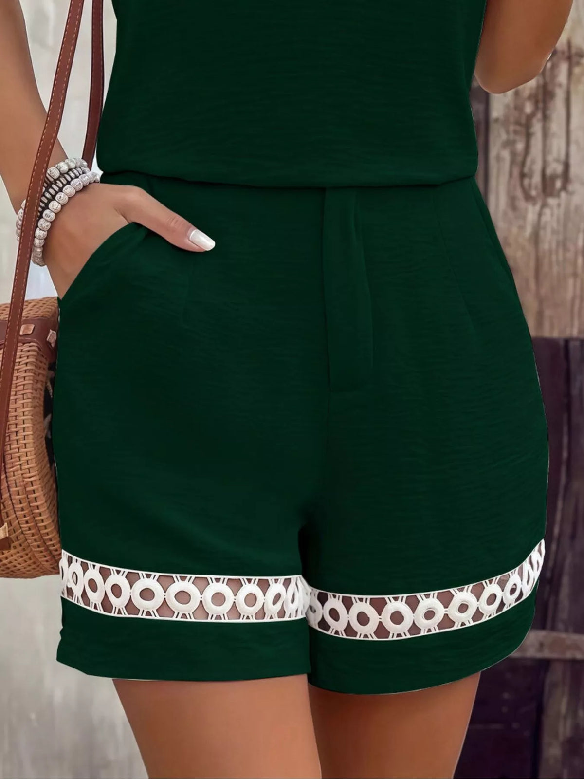 Lace Trim Short Sleeve Top and Shorts Set in green, shorts detail