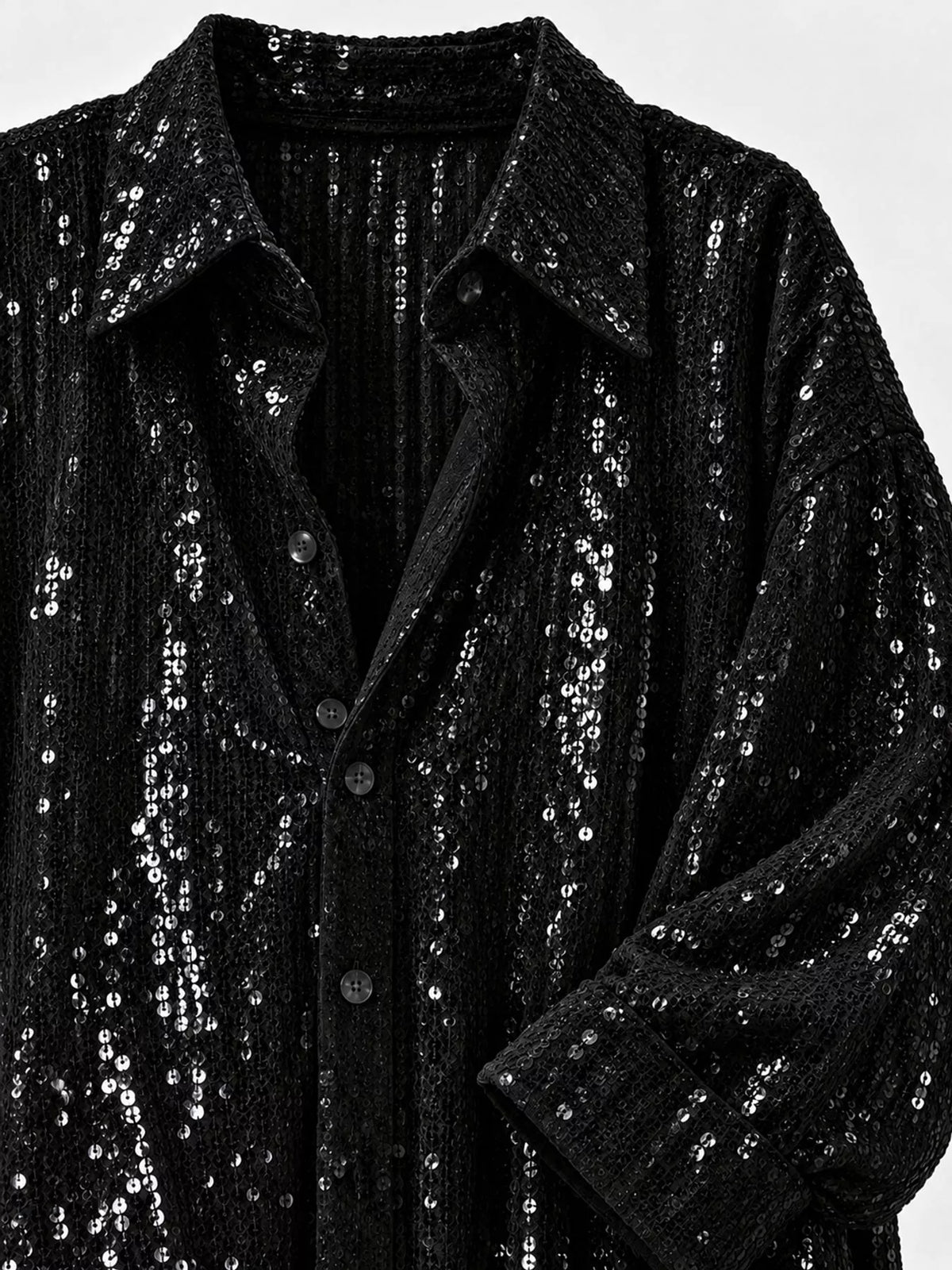Black sequin button up long sleeve shirt, detail view