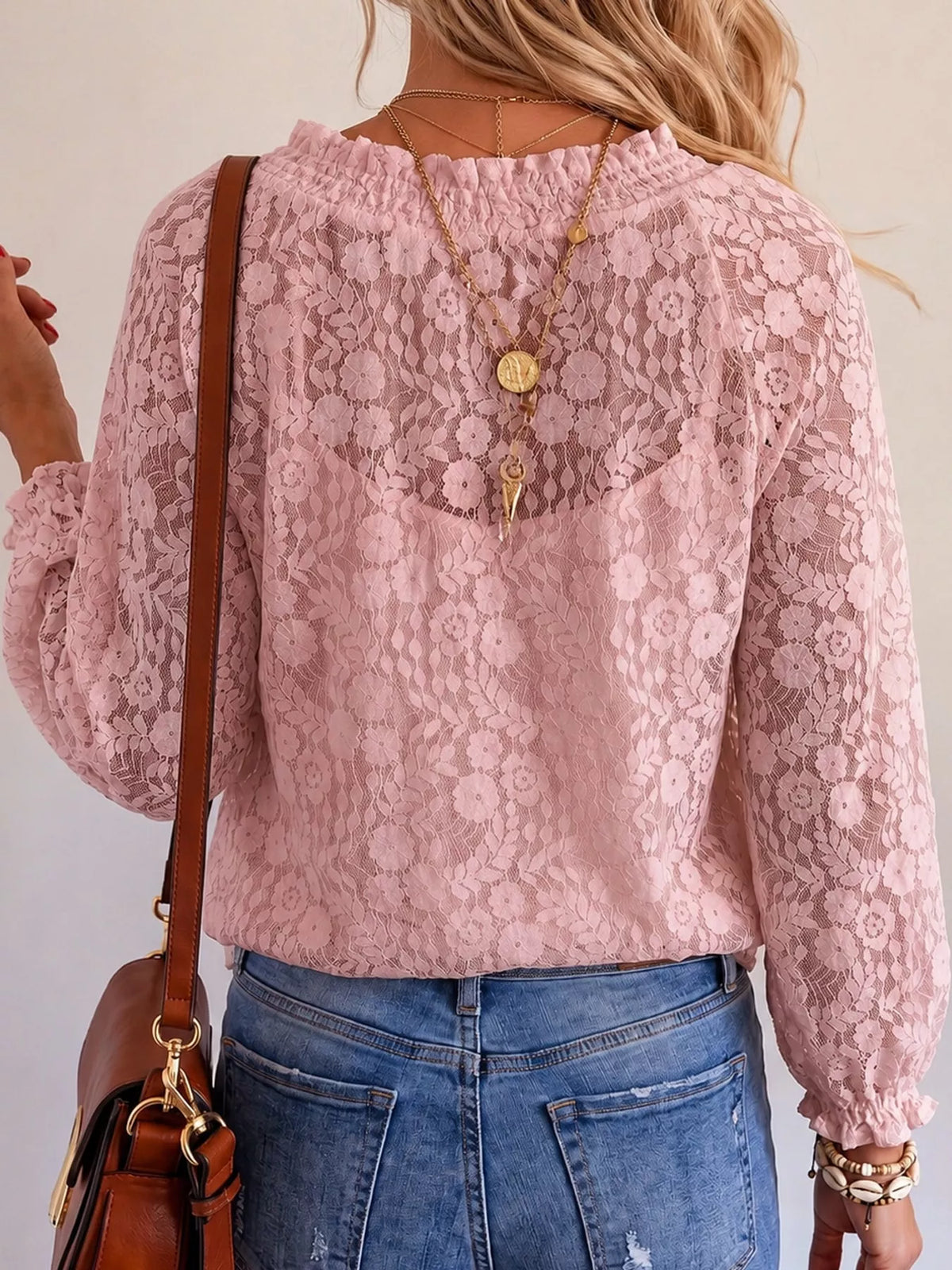 Pink lace long sleeve blouse, back view
