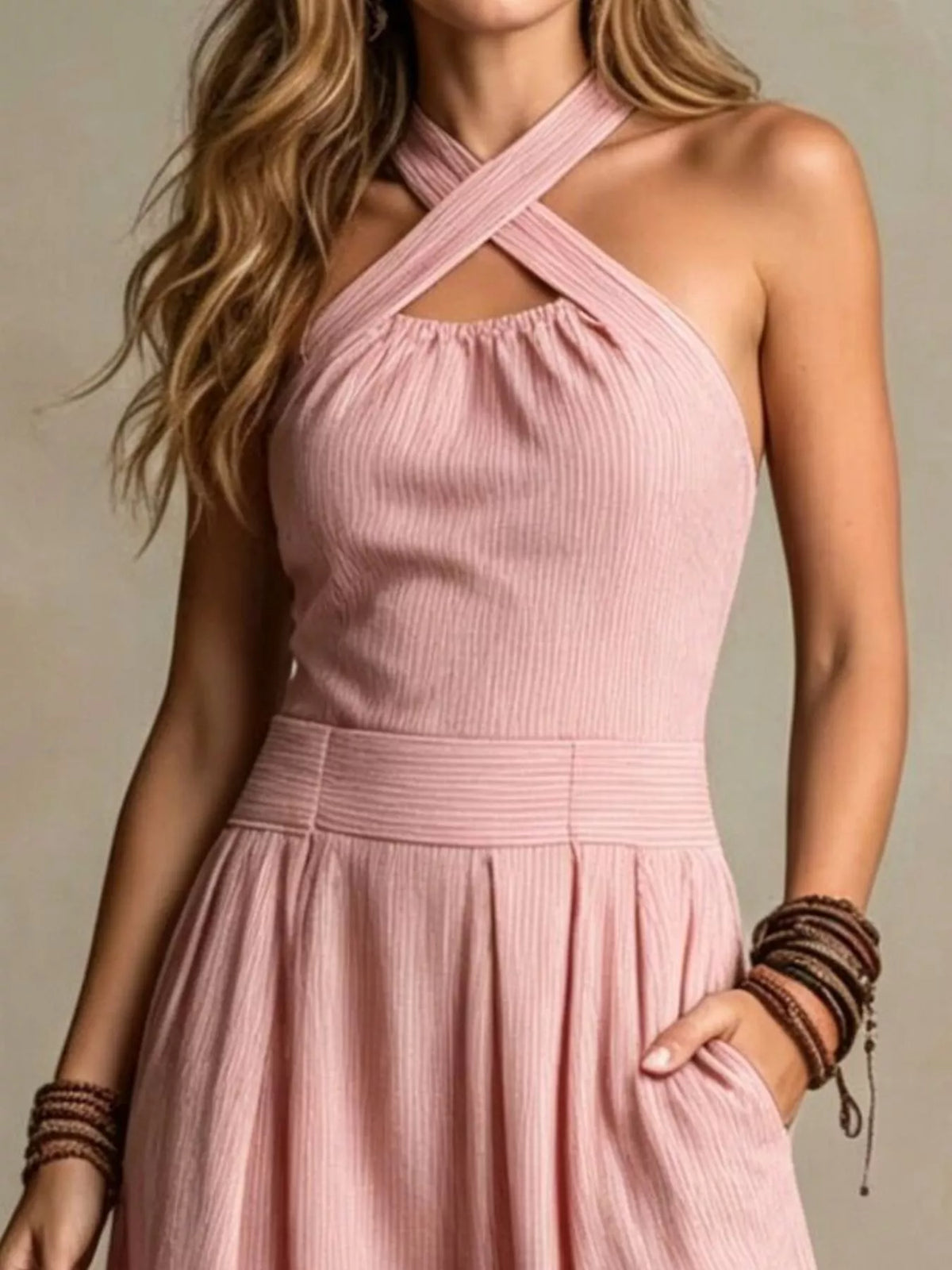 Dusty Pink Halter Neck Wide-Leg Jumpsuit detail view