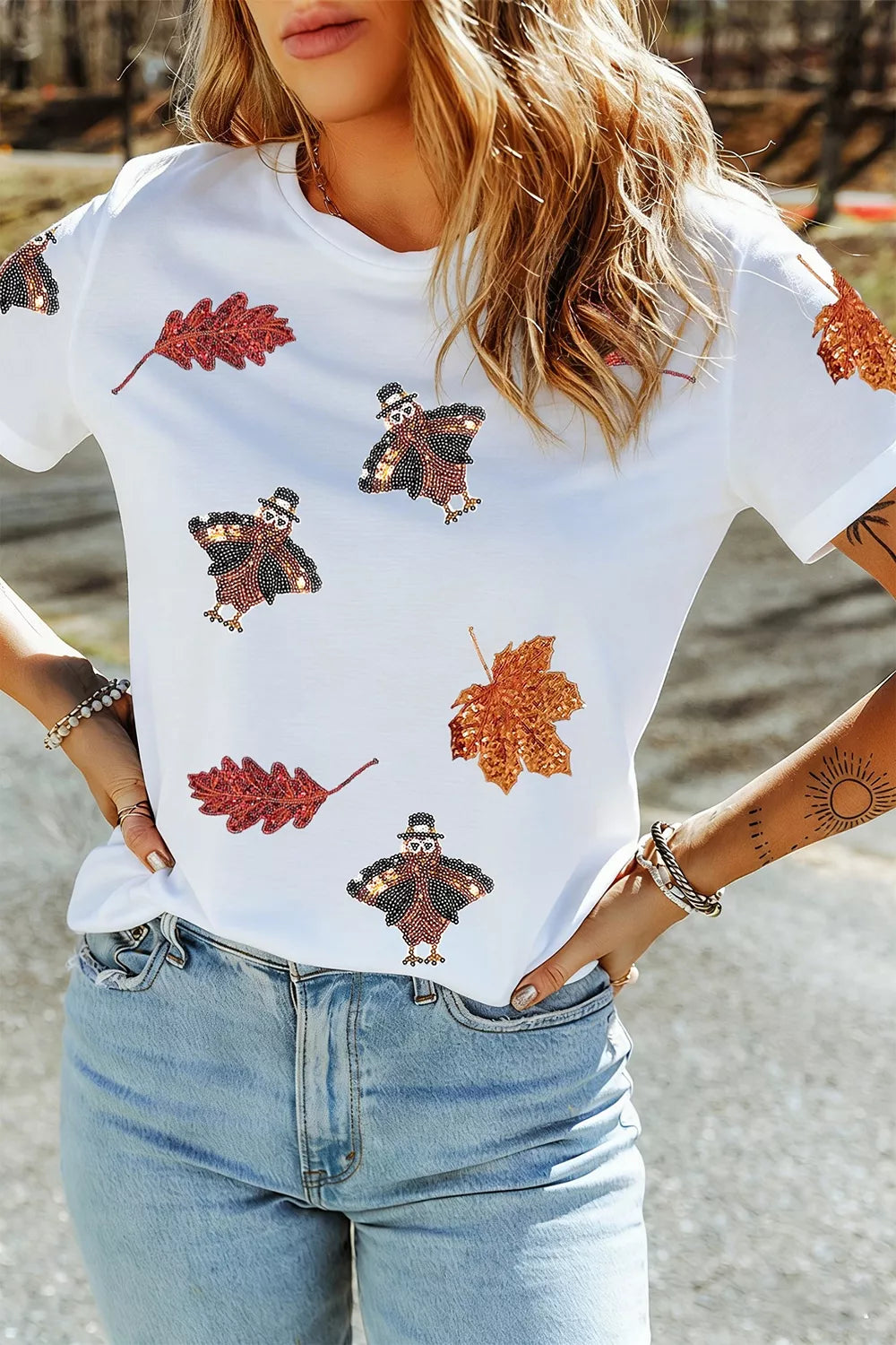 Sequin Autumn Leaf and Turkey Graphic T-Shirt in white, front view
