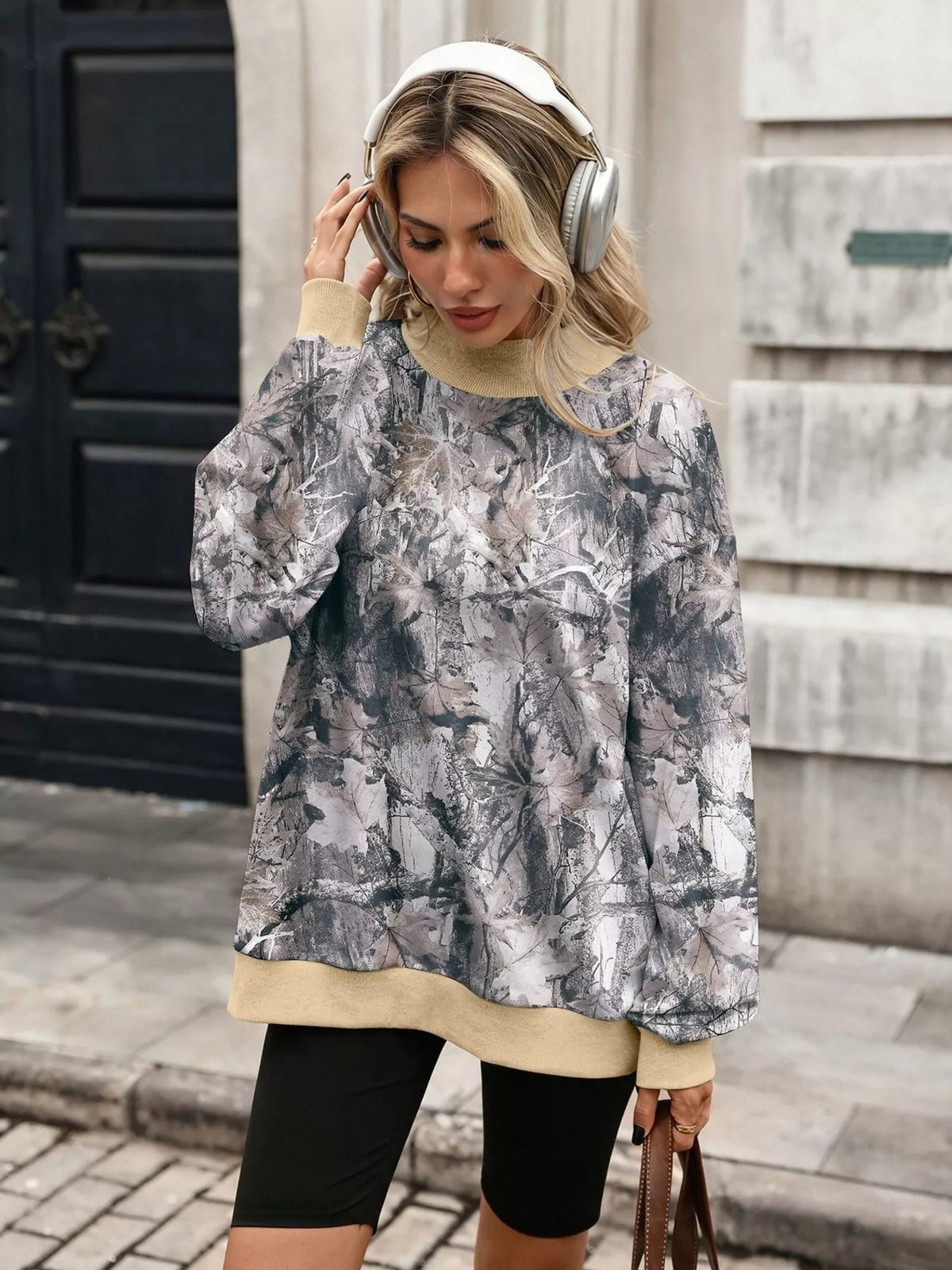 Camouflage-print mock-neck sweatshirt